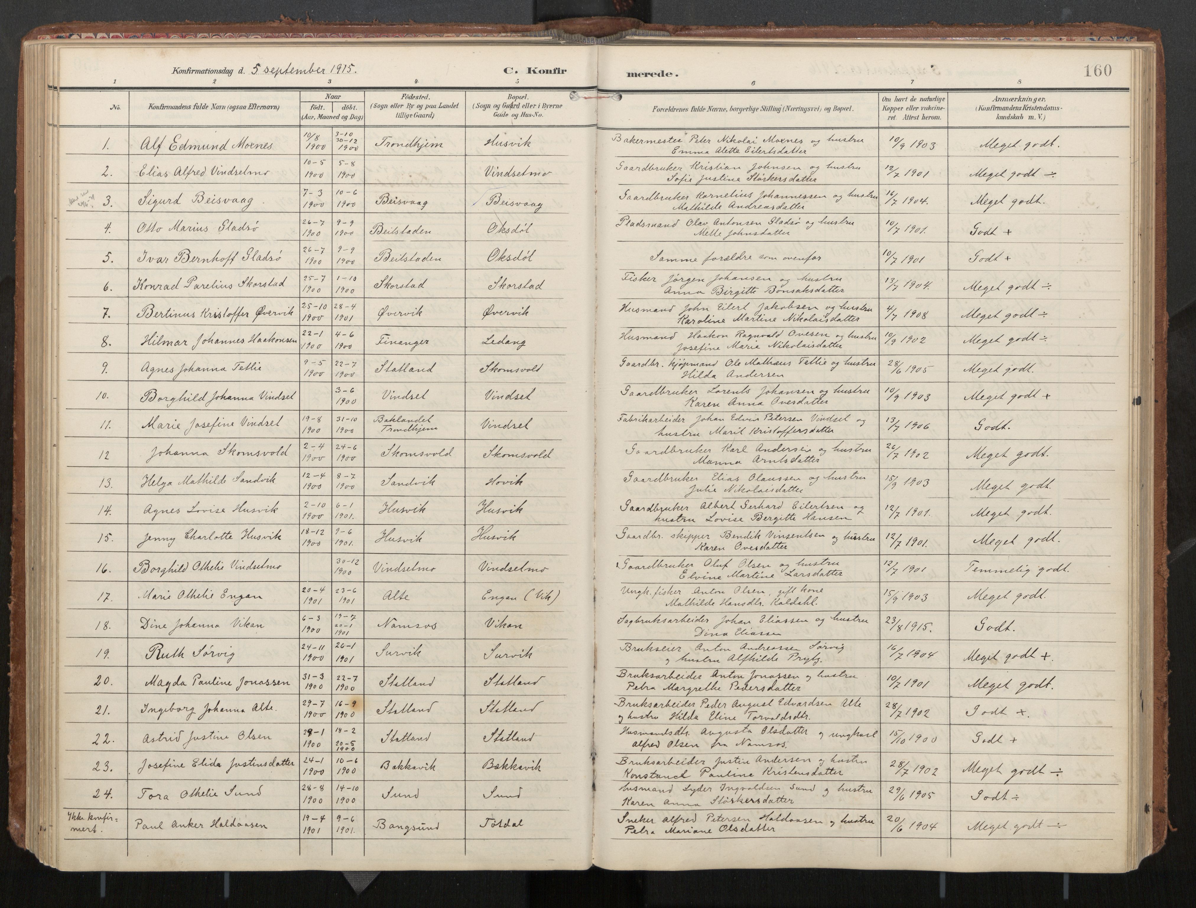 Ministerialprotokoller, klokkerbøker og fødselsregistre - Nord-Trøndelag, AV/SAT-A-1458/774/L0629: Ministerialbok, 1904-1926, s. 160