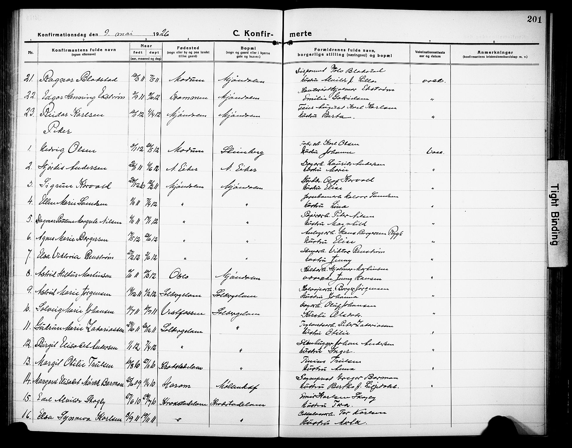 Nedre Eiker kirkebøker, AV/SAKO-A-612/G/Ga/L0006: Klokkerbok nr. 6, 1922-1933, s. 201
