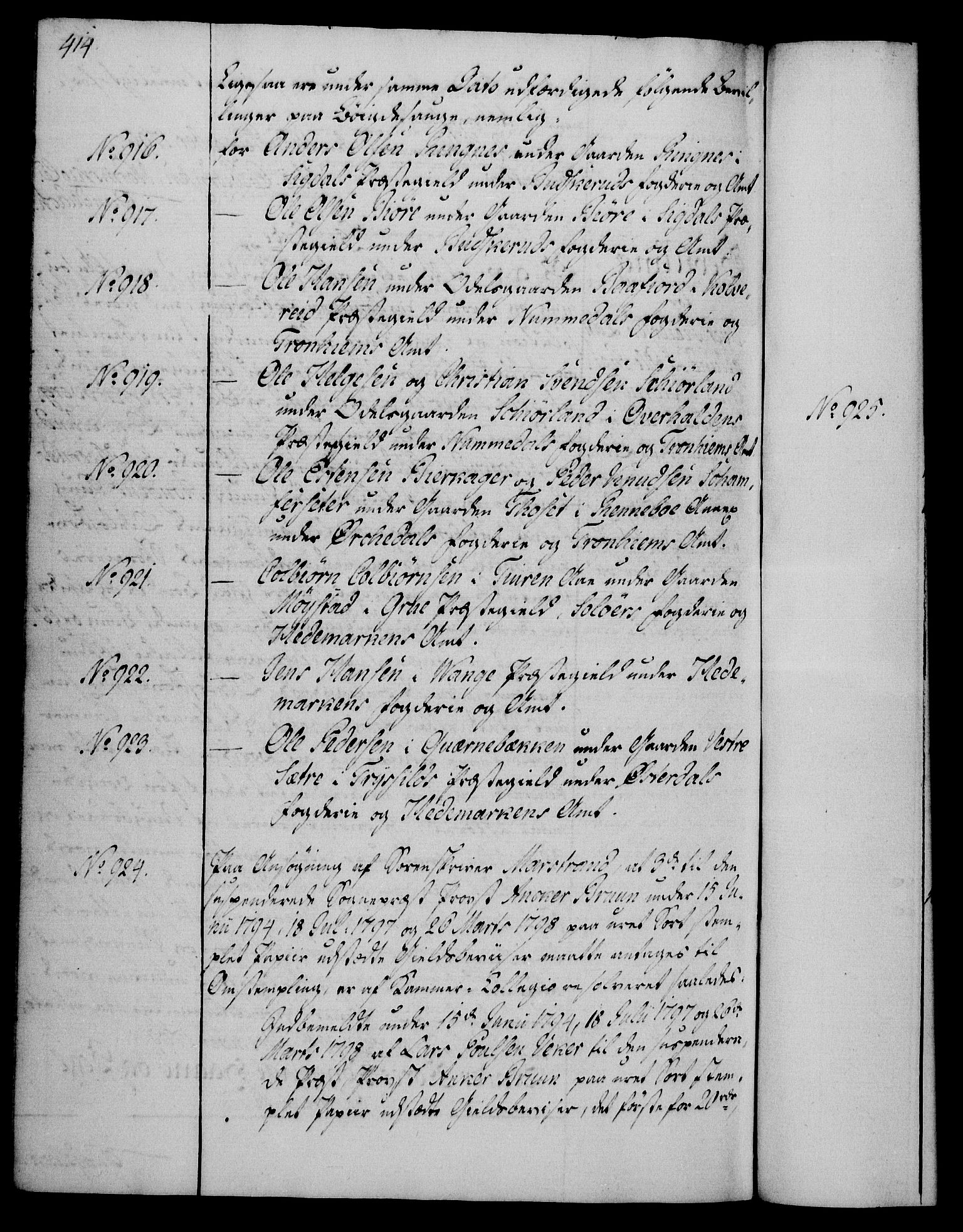Rentekammeret, Kammerkanselliet, RA/EA-3111/G/Gg/Gga/L0016: Norsk ekspedisjonsprotokoll med register (merket RK 53.16), 1794-1800, s. 414