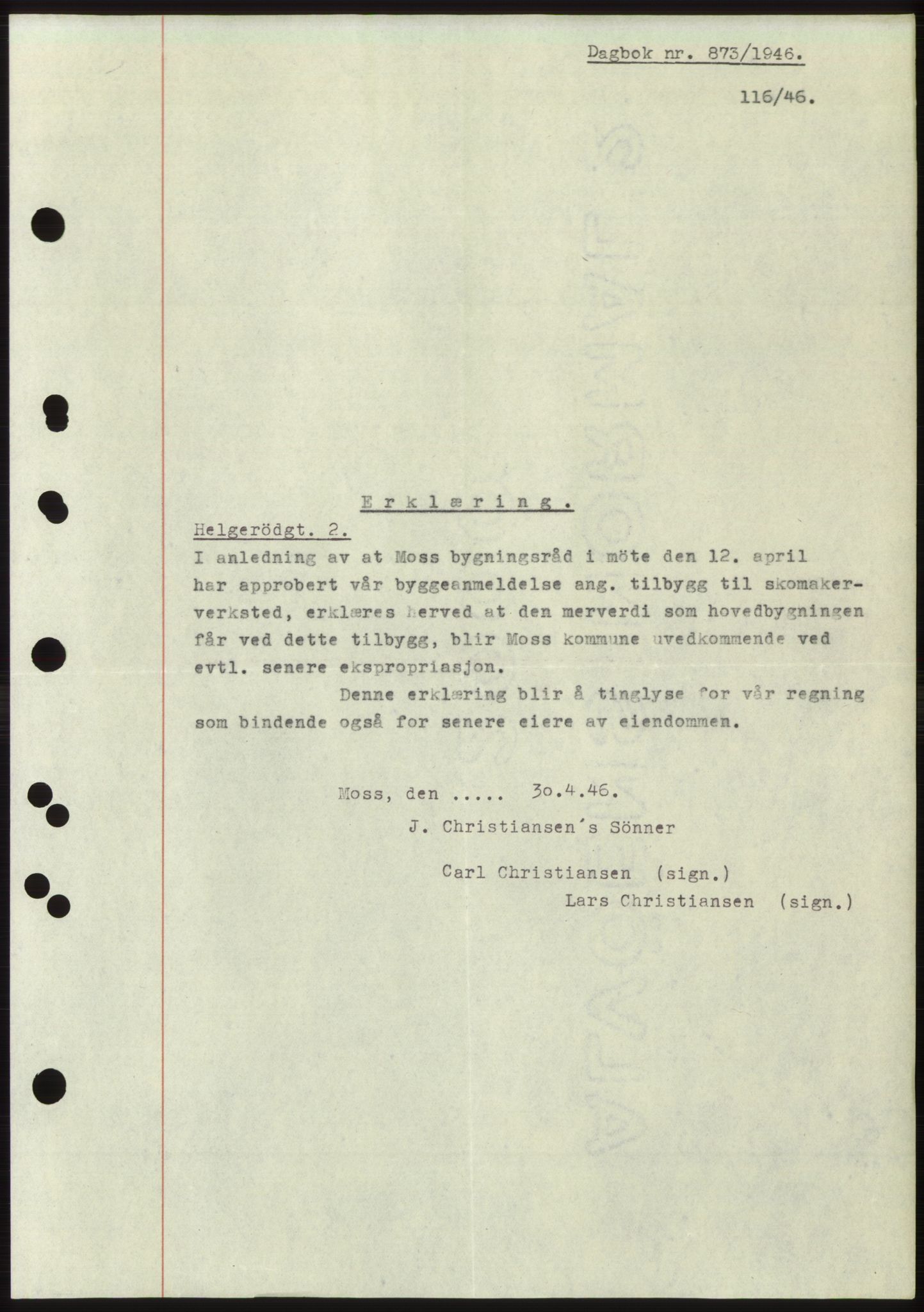 Moss sorenskriveri, SAO/A-10168: Pantebok nr. B15, 1946-1946, Dagboknr: 873/1946