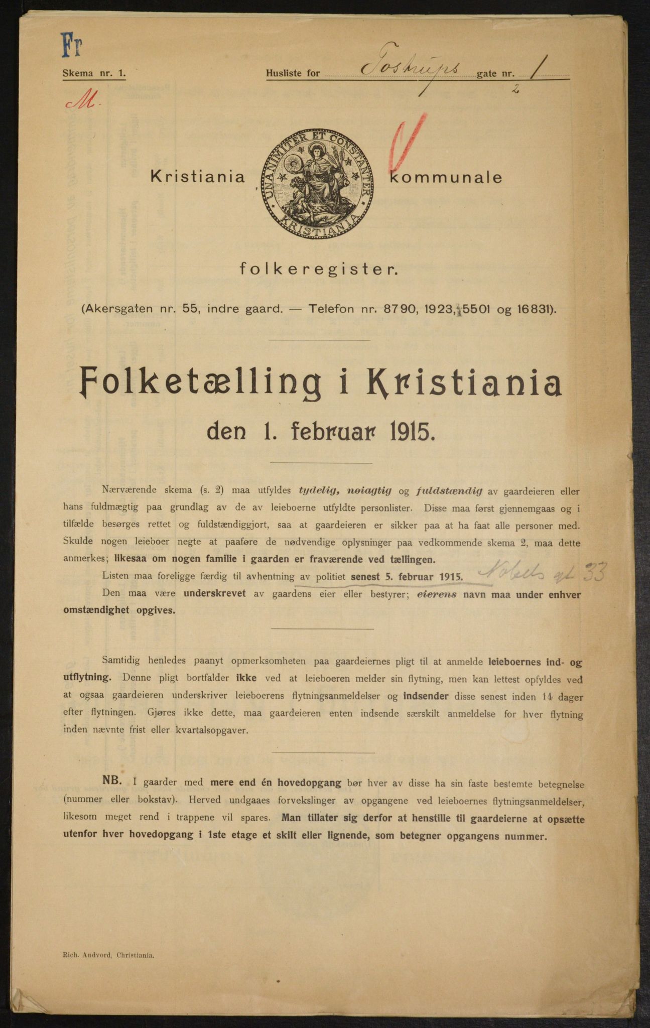 OBA, Kommunal folketelling 1.2.1915 for Kristiania, 1915, s. 115453
