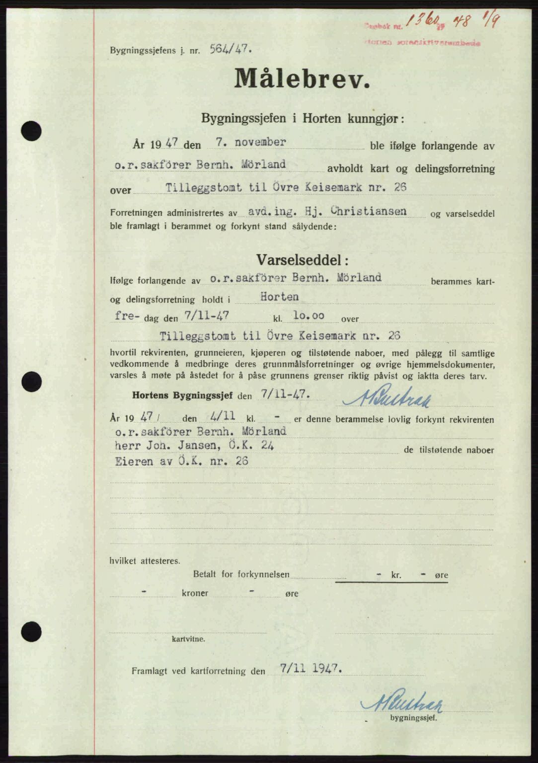Horten sorenskriveri, AV/SAKO-A-133/G/Ga/Gaa/L0011: Pantebok nr. A-11, 1948-1948, Dagboknr: 1360/1948