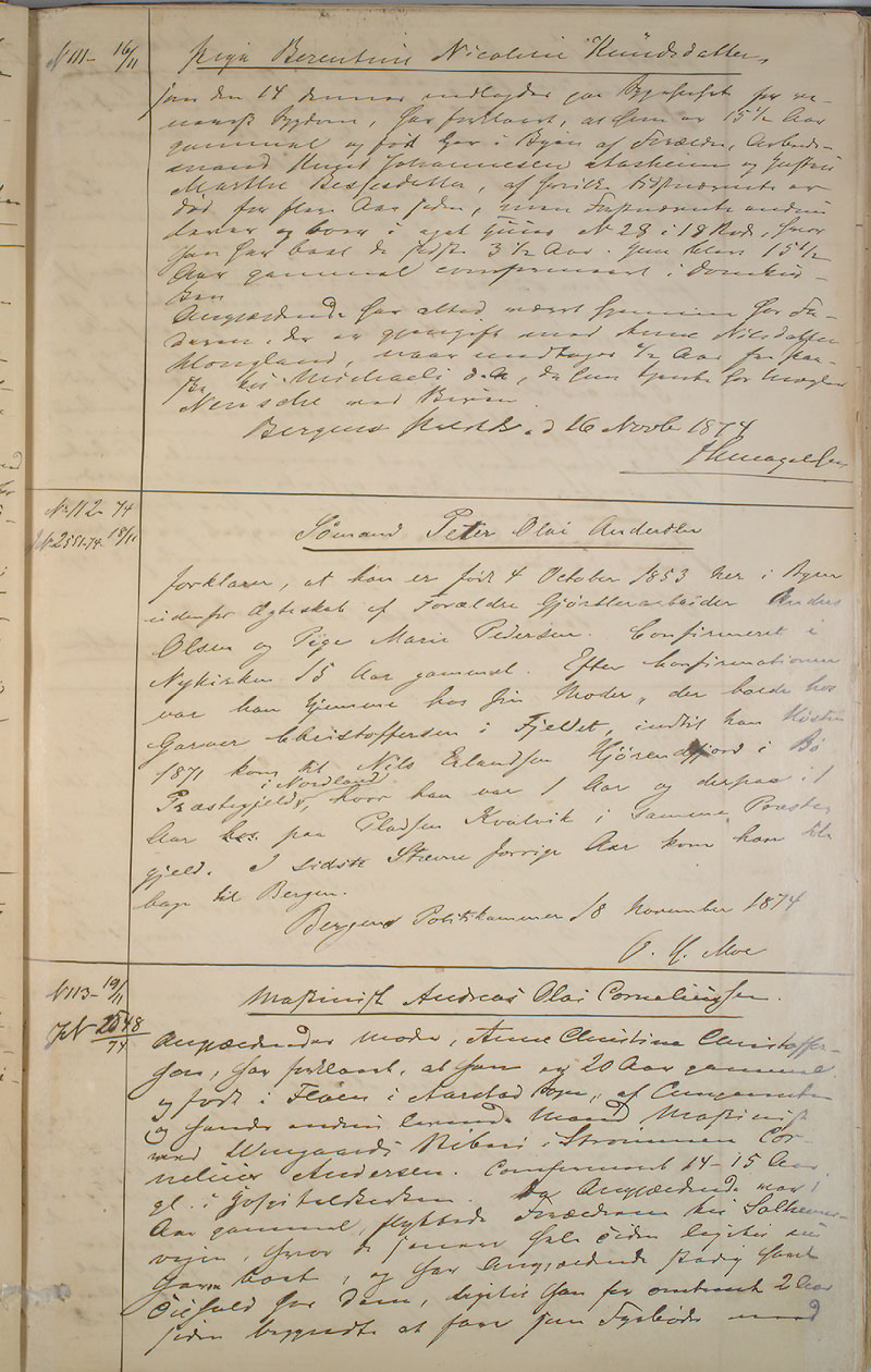 Bergen politikammer / politidistrikt, AV/SAB-A-60401/I/Ic, 1874-1878