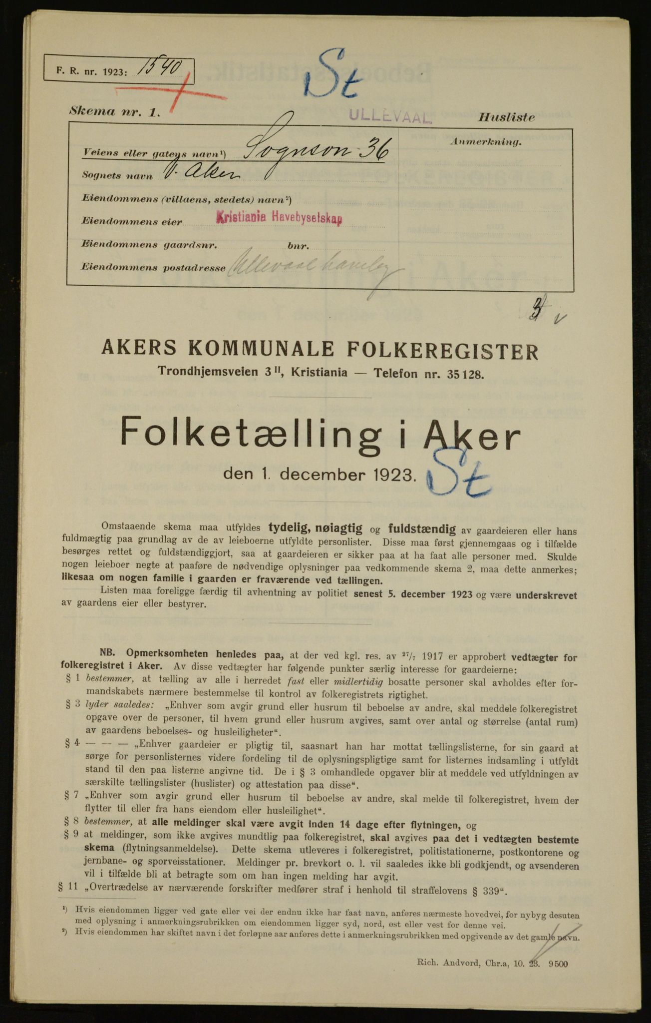 , Kommunal folketelling 1.12.1923 for Aker, 1923, s. 17521