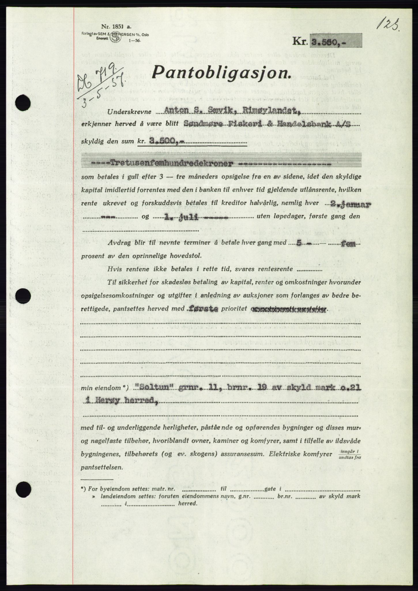 Søre Sunnmøre sorenskriveri, AV/SAT-A-4122/1/2/2C/L0063: Pantebok nr. 57, 1937-1937, Dagboknr: 719/1937