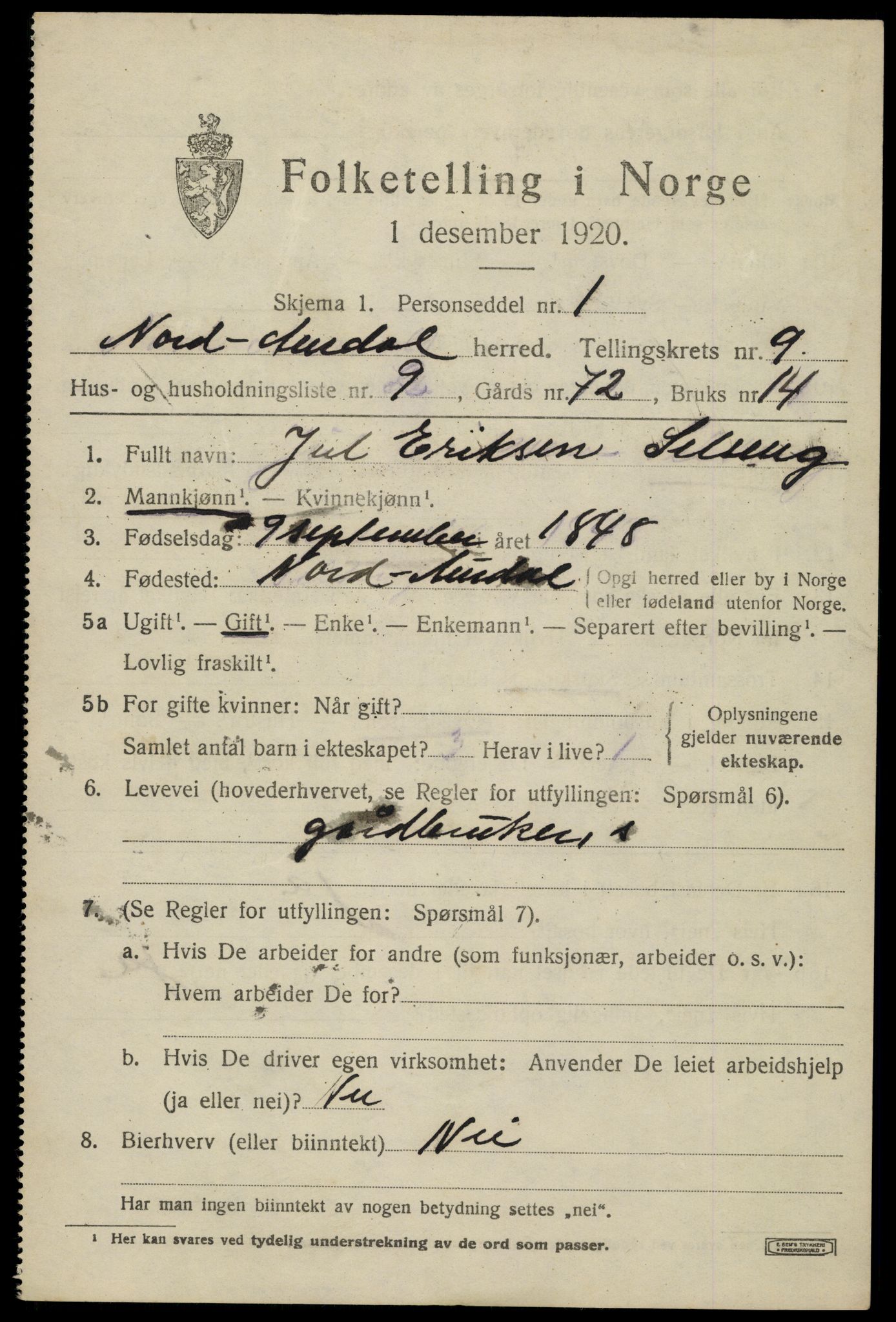 SAH, Folketelling 1920 for 0542 Nord-Aurdal herred, 1920, s. 7606