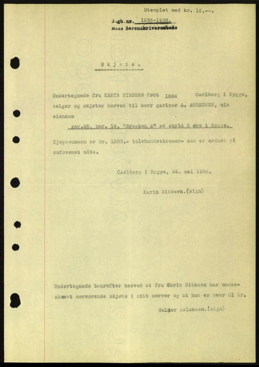 Moss sorenskriveri, SAO/A-10168: Pantebok nr. A4, 1938-1938, Dagboknr: 1236/1938
