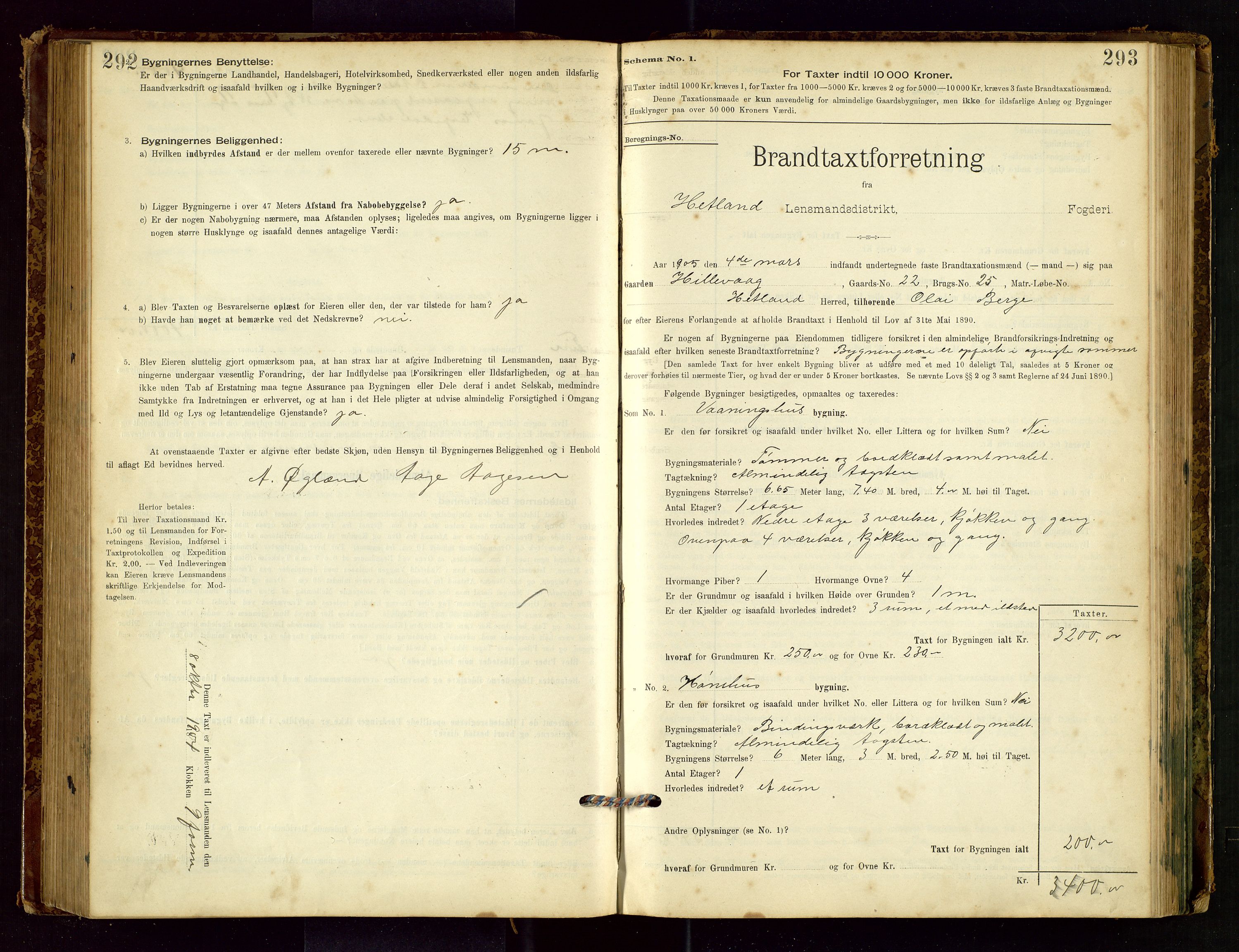 Hetland lensmannskontor, SAST/A-100101/Gob/L0001: "Brandtaxationsprotokol", 1895-1918, s. 292-293
