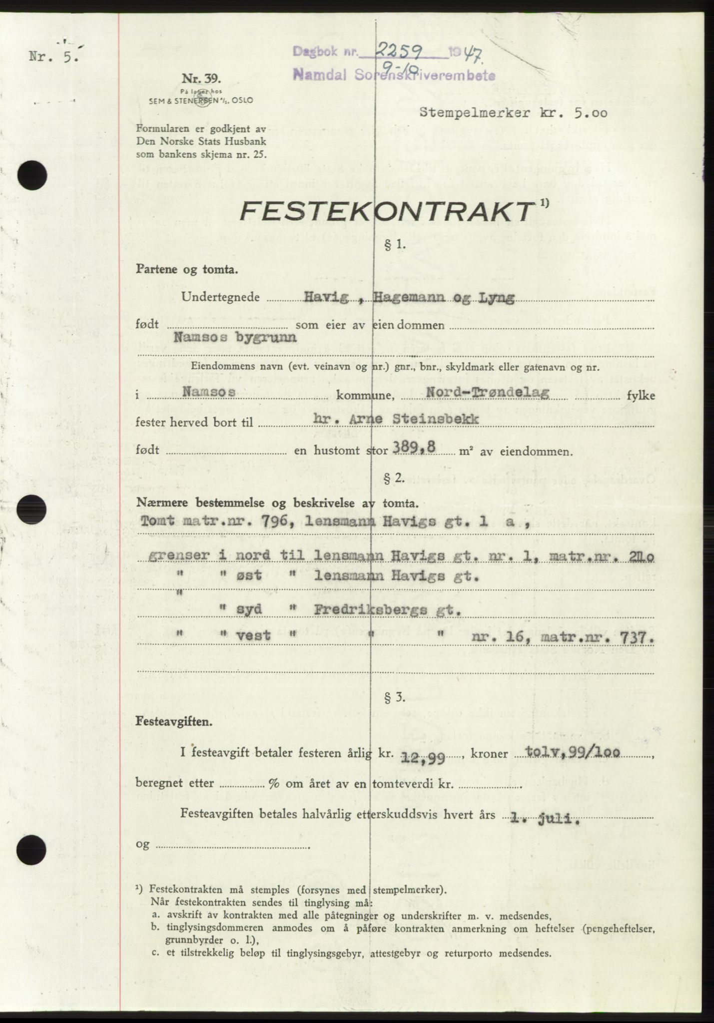 Namdal sorenskriveri, SAT/A-4133/1/2/2C: Pantebok nr. -, 1947-1947, Dagboknr: 2259/1947