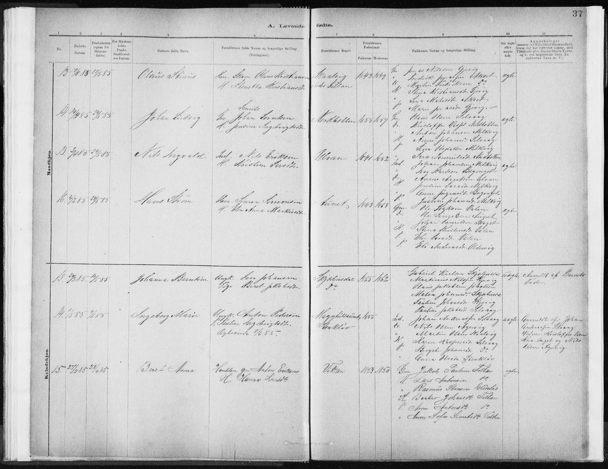 Ministerialprotokoller, klokkerbøker og fødselsregistre - Sør-Trøndelag, AV/SAT-A-1456/637/L0558: Ministerialbok nr. 637A01, 1882-1899, s. 37