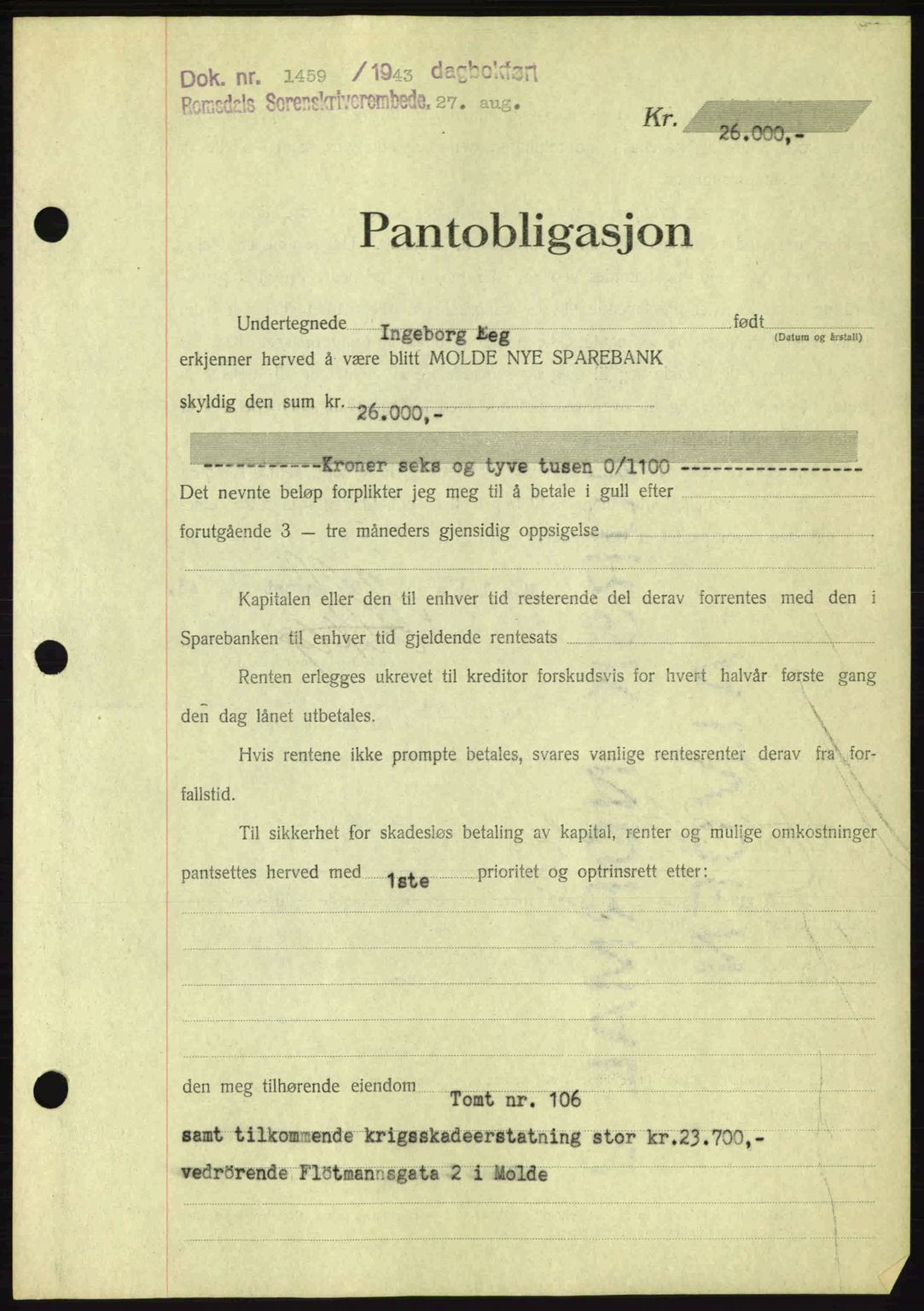 Romsdal sorenskriveri, SAT/A-4149/1/2/2C: Pantebok nr. B2, 1939-1945, Dagboknr: 1459/1943