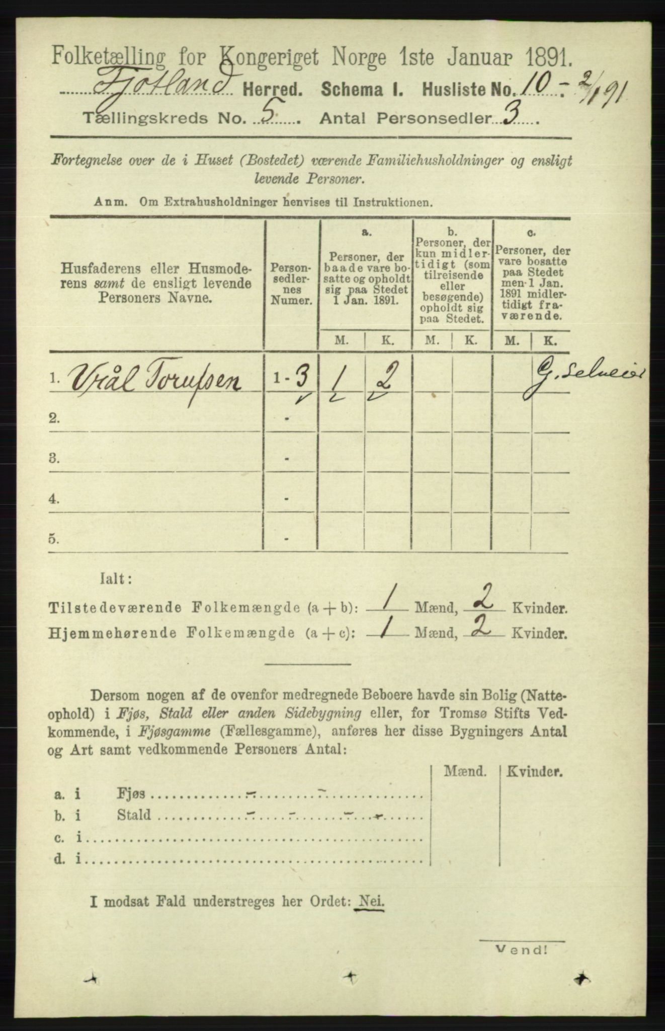 RA, Folketelling 1891 for 1036 Fjotland herred, 1891, s. 708