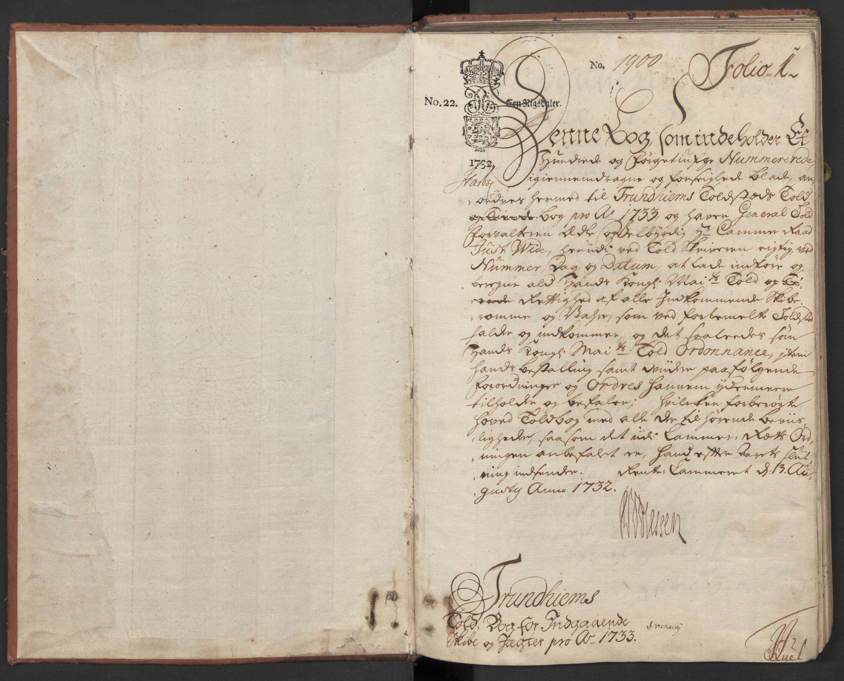 Generaltollkammeret, tollregnskaper, AV/RA-EA-5490/R33/L0015/0001: Tollregnskaper Trondheim A / Inngående tollbok, 1733, s. 1a