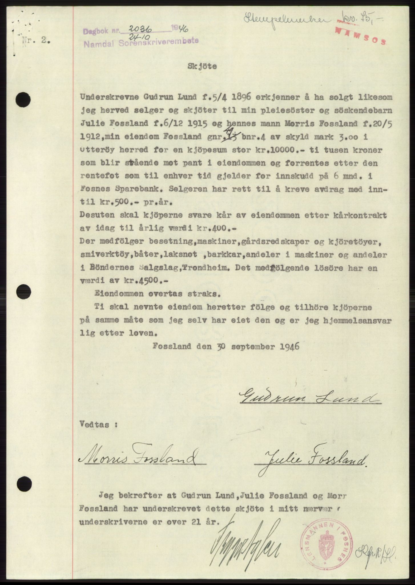 Namdal sorenskriveri, SAT/A-4133/1/2/2C: Pantebok nr. -, 1946-1947, Dagboknr: 2036/1946