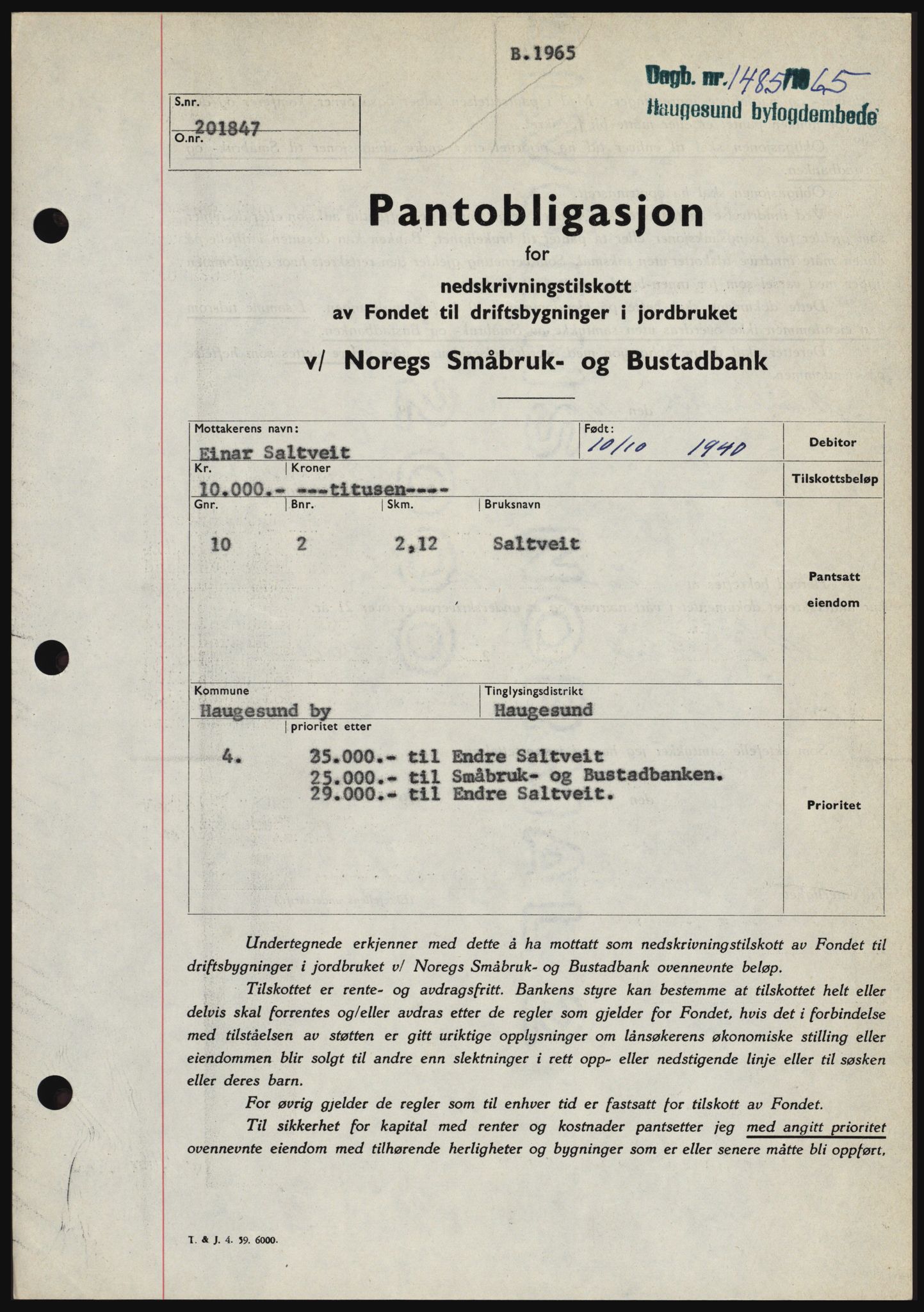 Haugesund tingrett, SAST/A-101415/01/II/IIC/L0053: Pantebok nr. B 53, 1965-1965, Dagboknr: 1485/1965