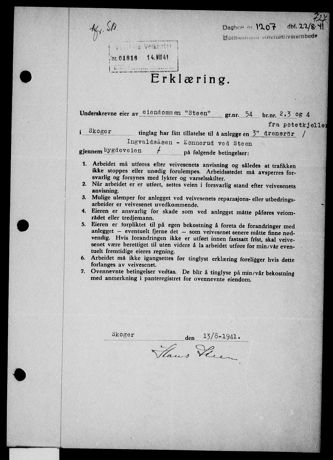 Holmestrand sorenskriveri, SAKO/A-67/G/Ga/Gaa/L0053: Pantebok nr. A-53, 1941-1941, Dagboknr: 1207/1941