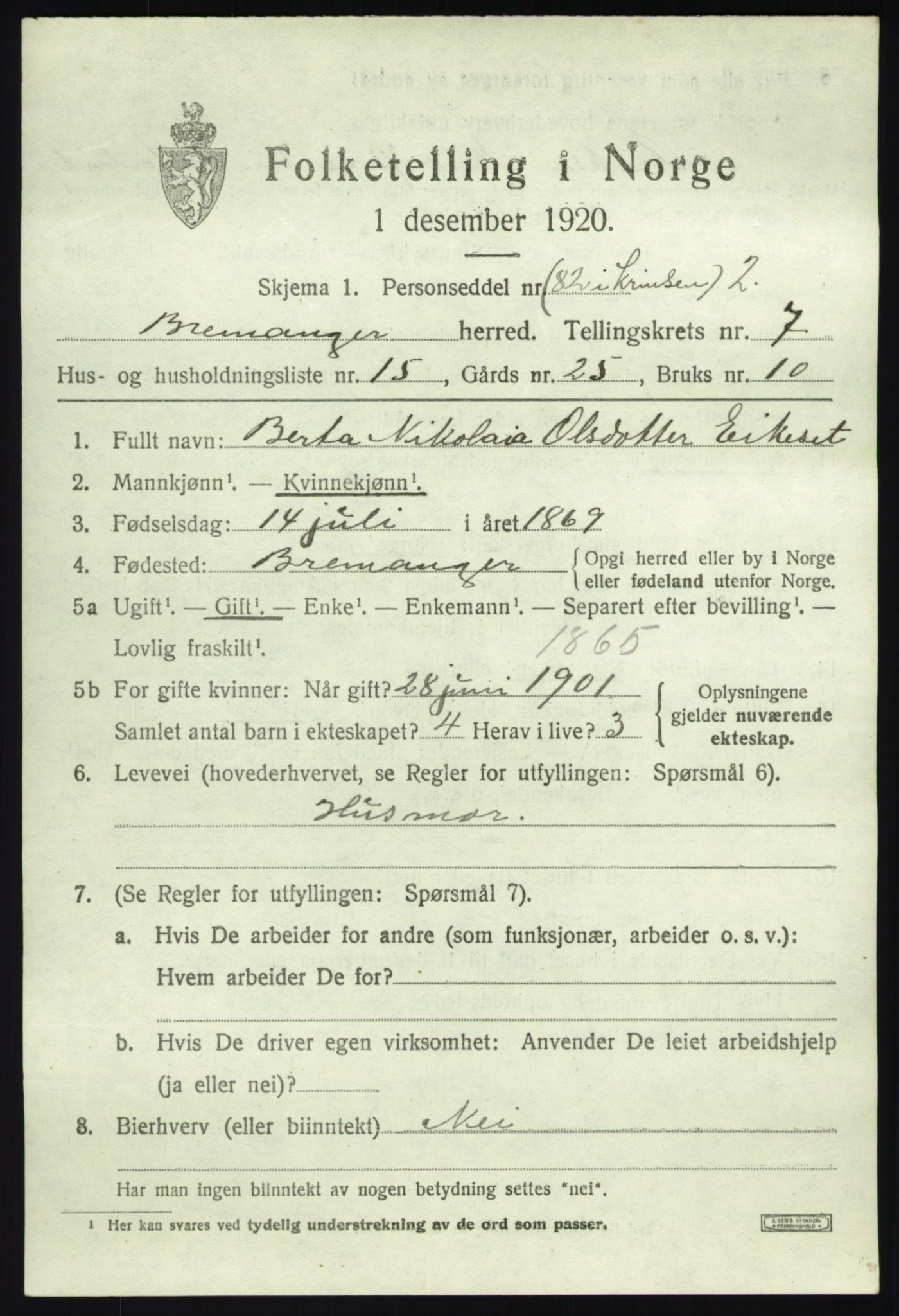 SAB, Folketelling 1920 for 1438 Bremanger herred, 1920, s. 4564