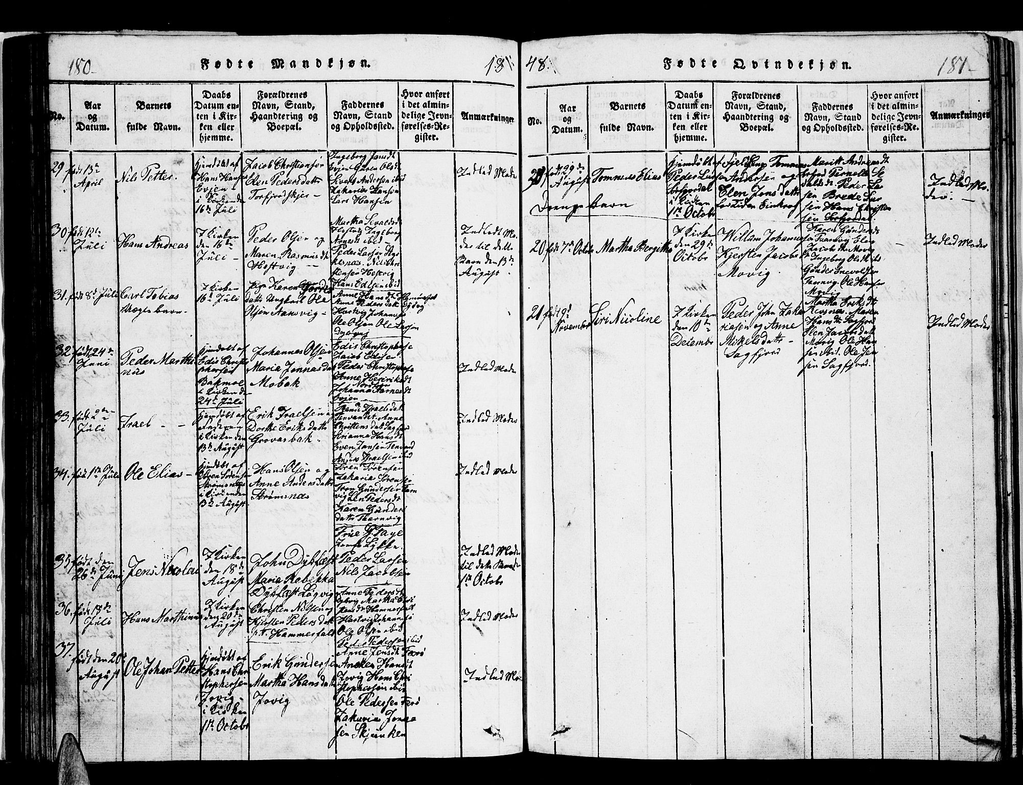 Ministerialprotokoller, klokkerbøker og fødselsregistre - Nordland, SAT/A-1459/853/L0773: Klokkerbok nr. 853C01, 1821-1859, s. 180-181