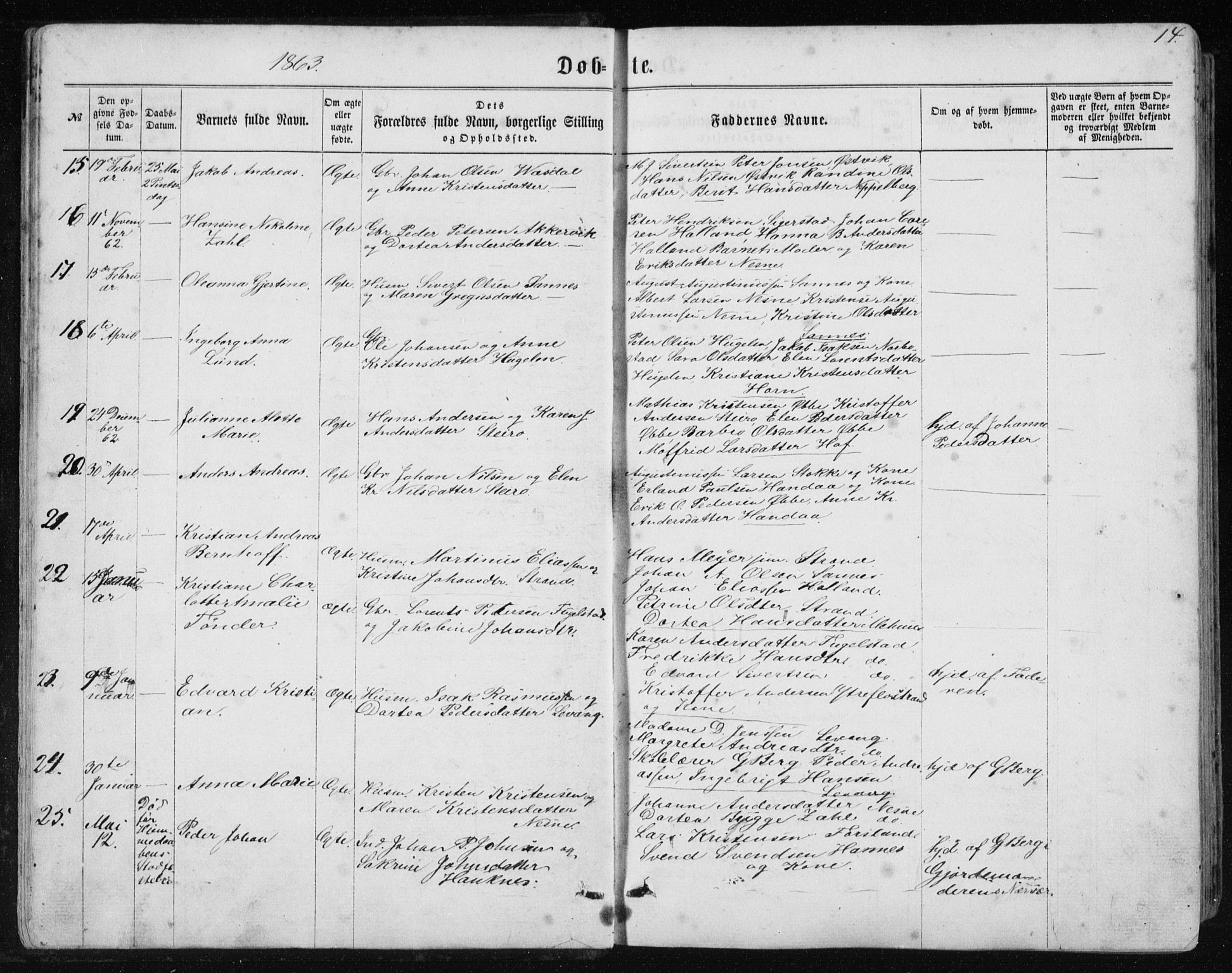 Ministerialprotokoller, klokkerbøker og fødselsregistre - Nordland, AV/SAT-A-1459/838/L0556: Klokkerbok nr. 838C03, 1861-1893, s. 14