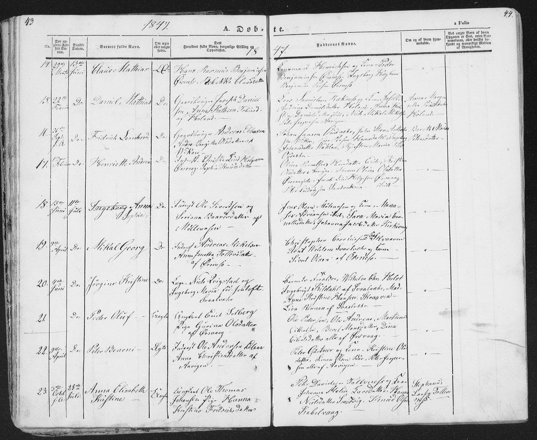 Ministerialprotokoller, klokkerbøker og fødselsregistre - Nordland, AV/SAT-A-1459/874/L1072: Klokkerbok nr. 874C01, 1843-1859, s. 43-44