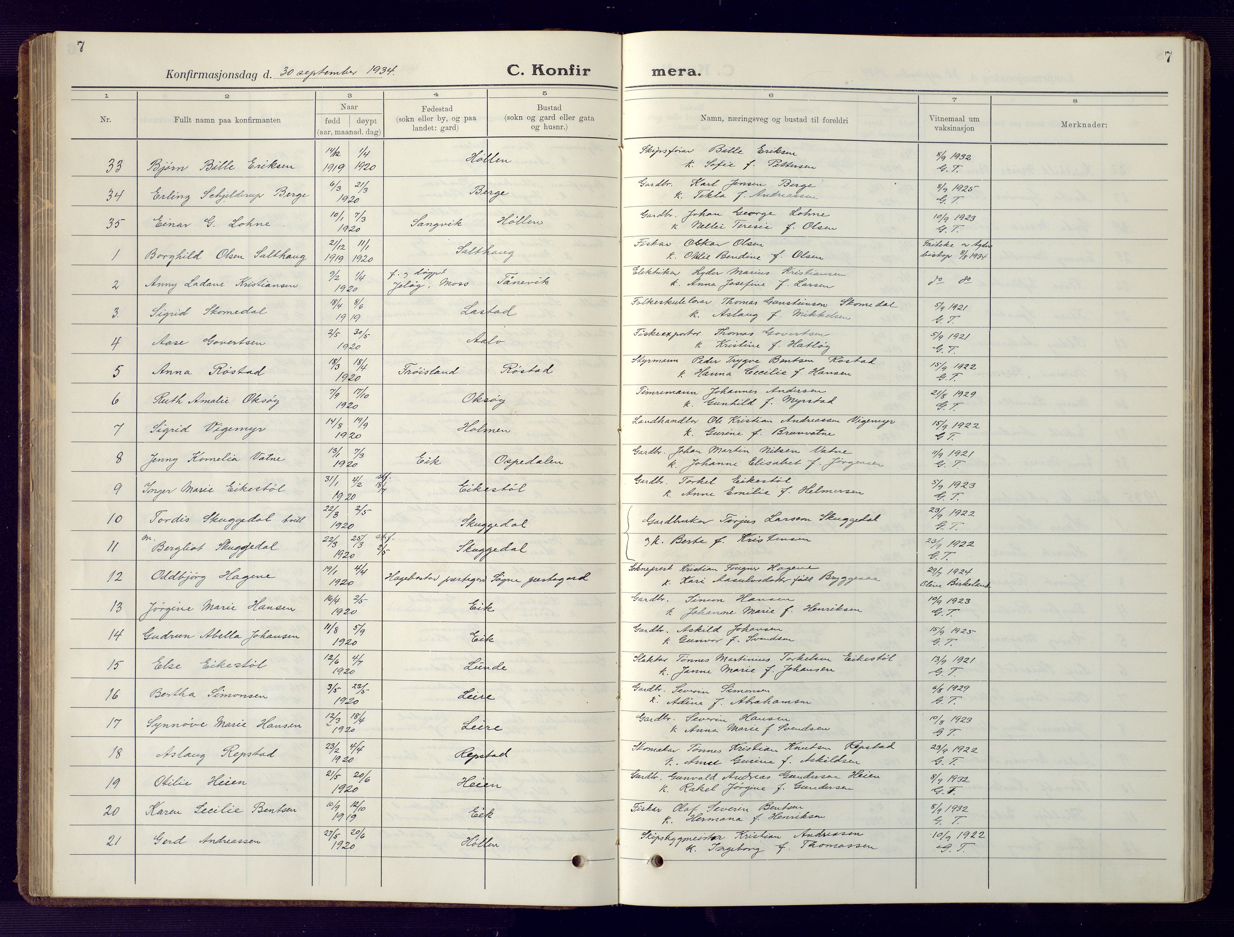 Søgne sokneprestkontor, AV/SAK-1111-0037/F/Fb/Fbb/L0008: Klokkerbok nr. B 8, 1932-1949, s. 7
