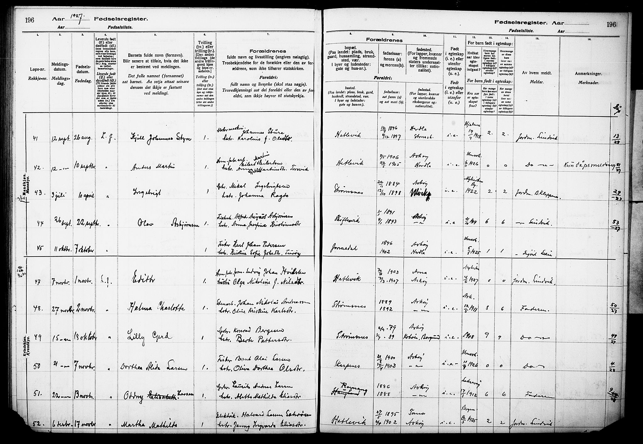 Askøy Sokneprestembete, AV/SAB-A-74101/I/Id/L00A1: Fødselsregister nr. A 1, 1916-1928, s. 196