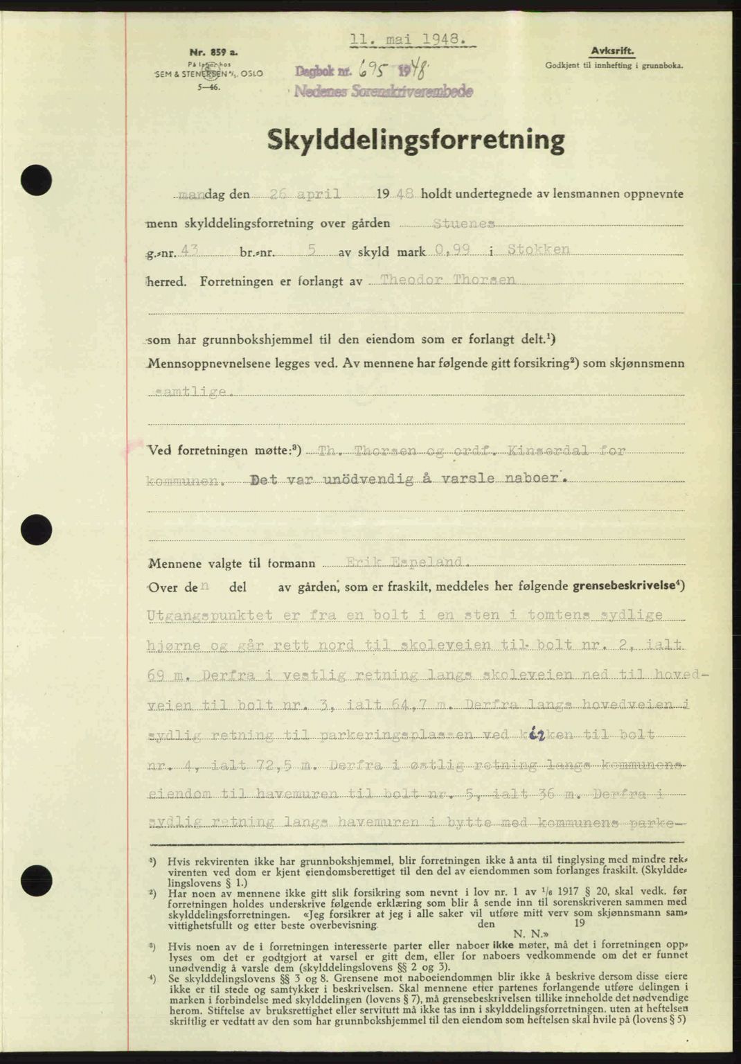 Nedenes sorenskriveri, SAK/1221-0006/G/Gb/Gba/L0059: Pantebok nr. A11, 1948-1948, Dagboknr: 695/1948