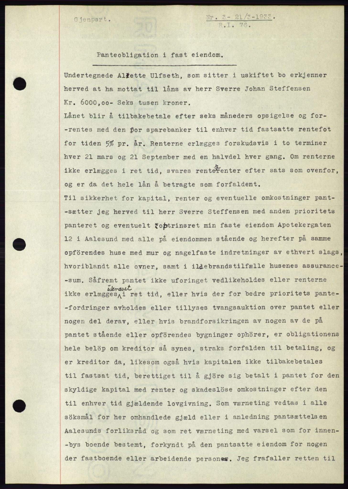 Ålesund byfogd, AV/SAT-A-4384: Pantebok nr. 30, 1932-1933, Tingl.dato: 21.03.1933