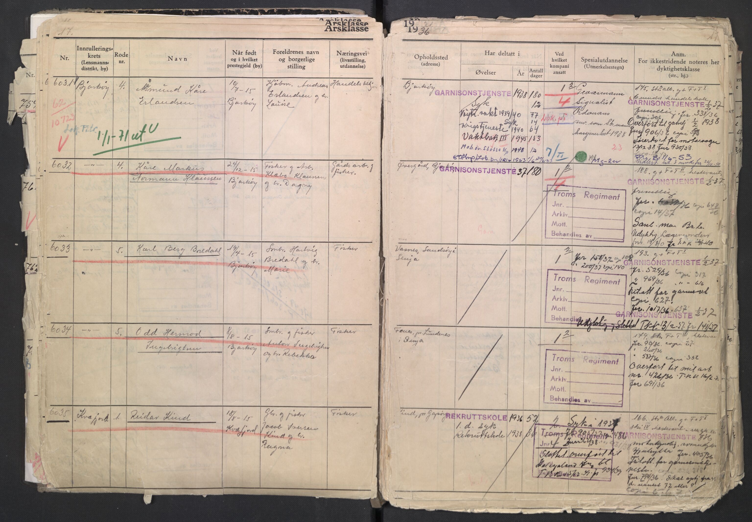 Forsvaret, Troms infanteriregiment nr. 16, AV/RA-RAFA-3146/P/Pa/L0007/0001: Ruller / Rulle for regimentets menige mannskaper, årsklasse 1936, 1936, s. 17