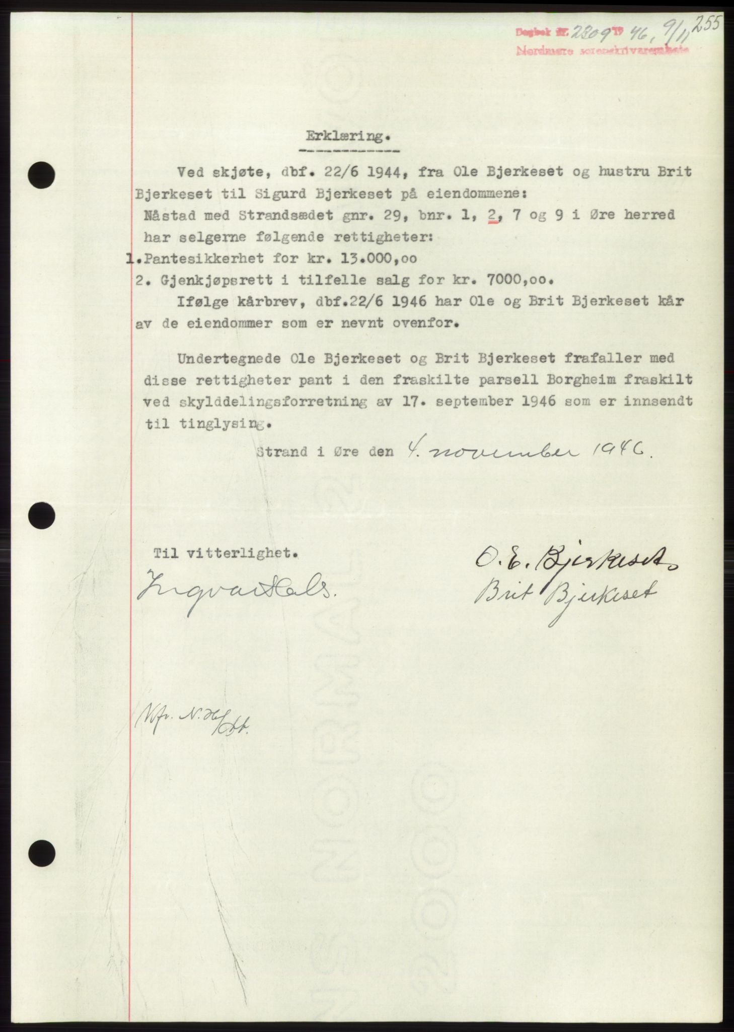 Nordmøre sorenskriveri, SAT/A-4132/1/2/2Ca: Pantebok nr. B95, 1946-1947, Dagboknr: 2309/1946