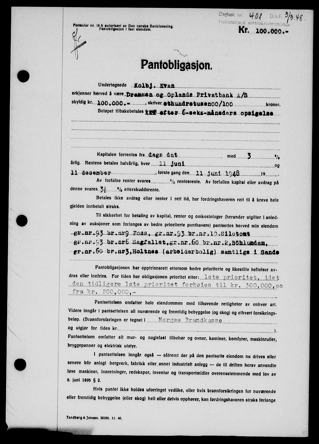 Holmestrand sorenskriveri, SAKO/A-67/G/Ga/Gab/L0058: Pantebok nr. B-58, 1947-1948, Dagboknr: 401/1948