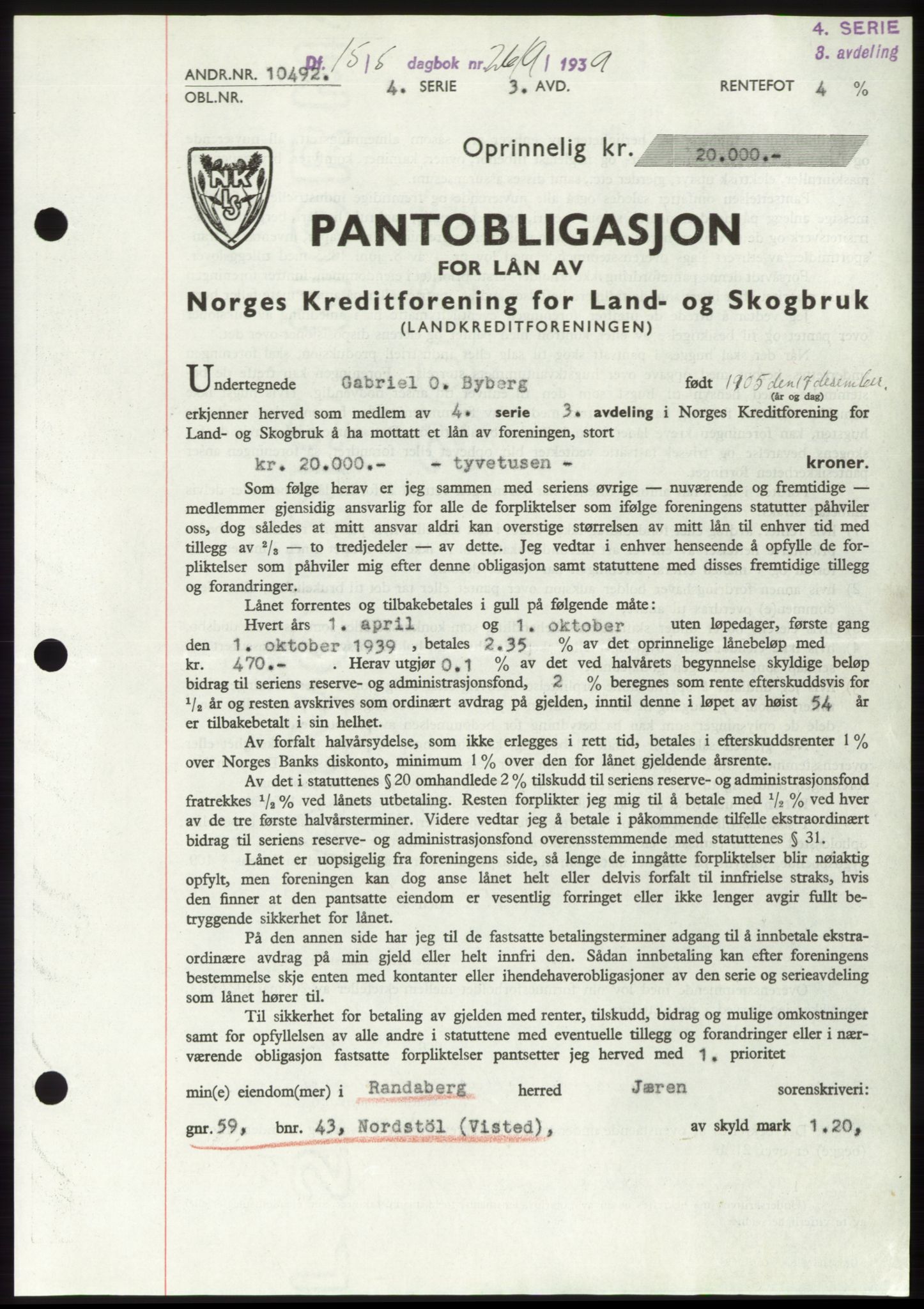 Jæren sorenskriveri, SAST/A-100310/03/G/Gba/L0074: Pantebok, 1939-1939, Dagboknr: 2619/1939