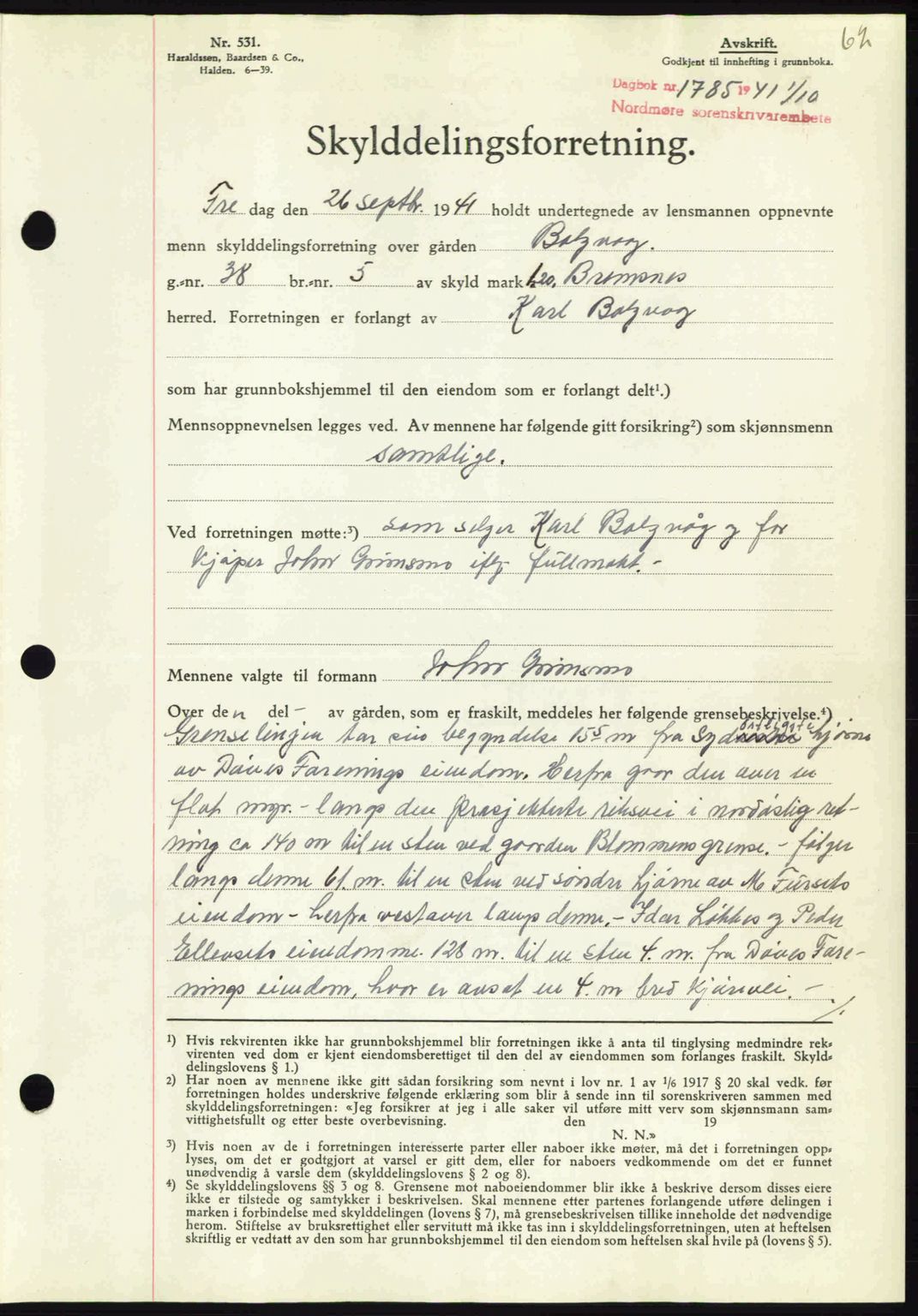 Nordmøre sorenskriveri, AV/SAT-A-4132/1/2/2Ca: Pantebok nr. A91, 1941-1942, Dagboknr: 1785/1941