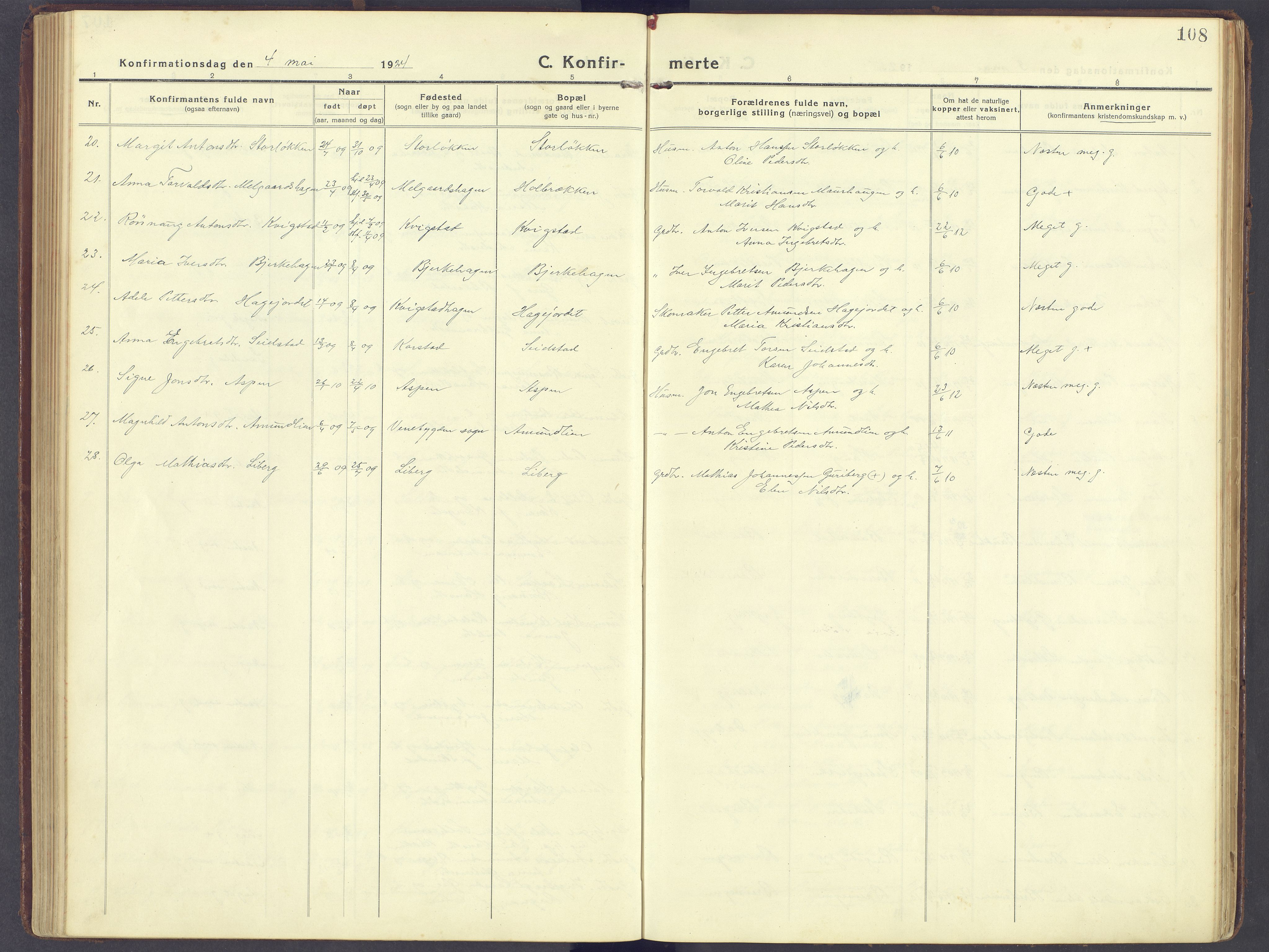Sør-Fron prestekontor, AV/SAH-PREST-010/H/Ha/Haa/L0005: Ministerialbok nr. 5, 1920-1933, s. 108