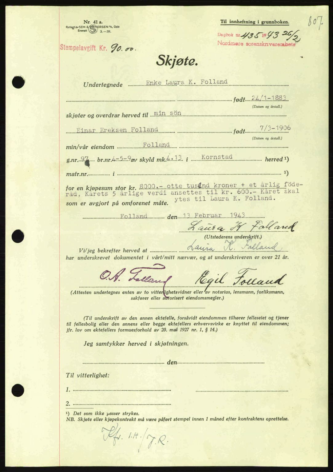 Nordmøre sorenskriveri, AV/SAT-A-4132/1/2/2Ca: Pantebok nr. A94, 1942-1943, Dagboknr: 435/1943