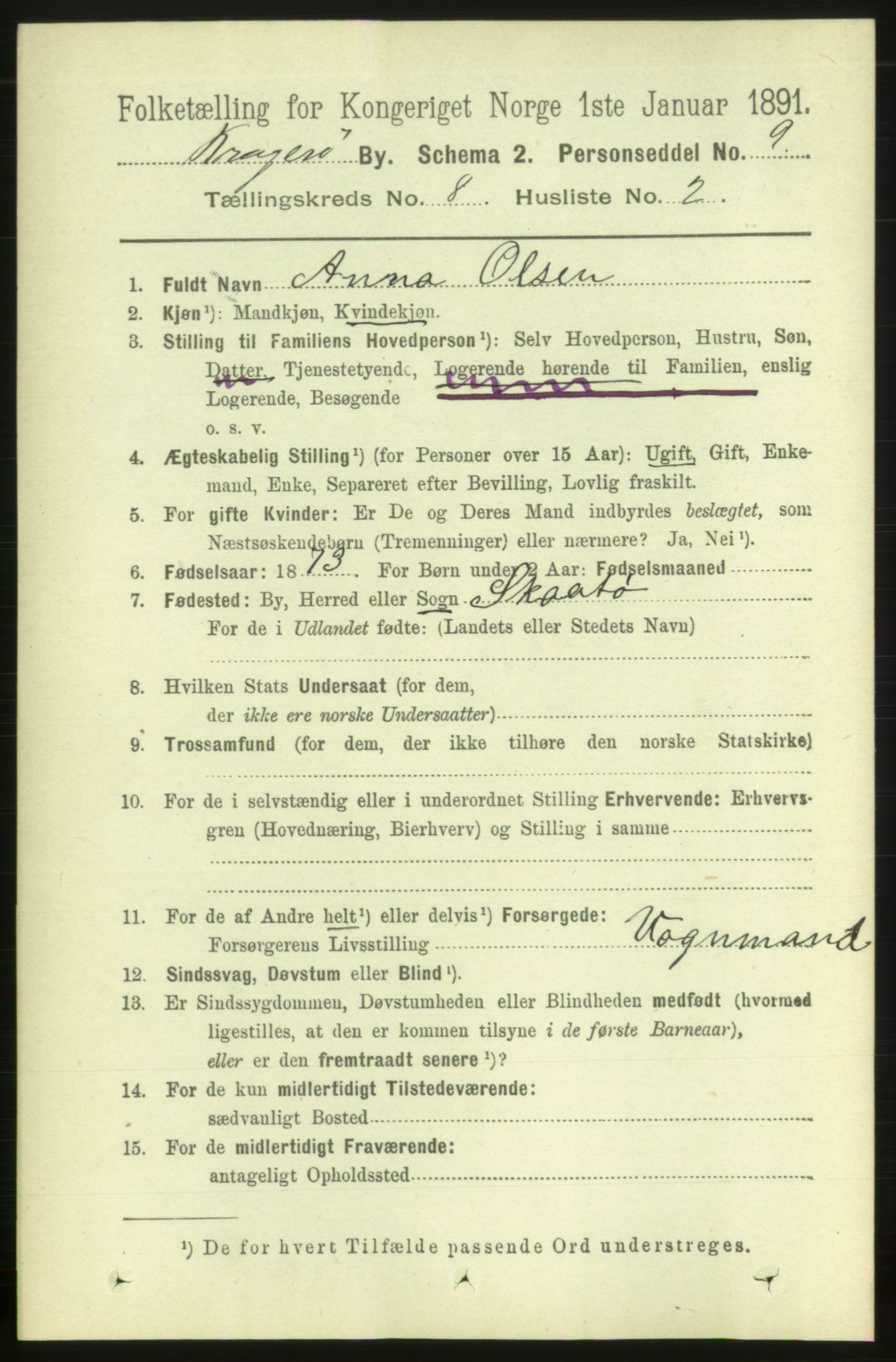 RA, Folketelling 1891 for 0801 Kragerø kjøpstad, 1891, s. 3581