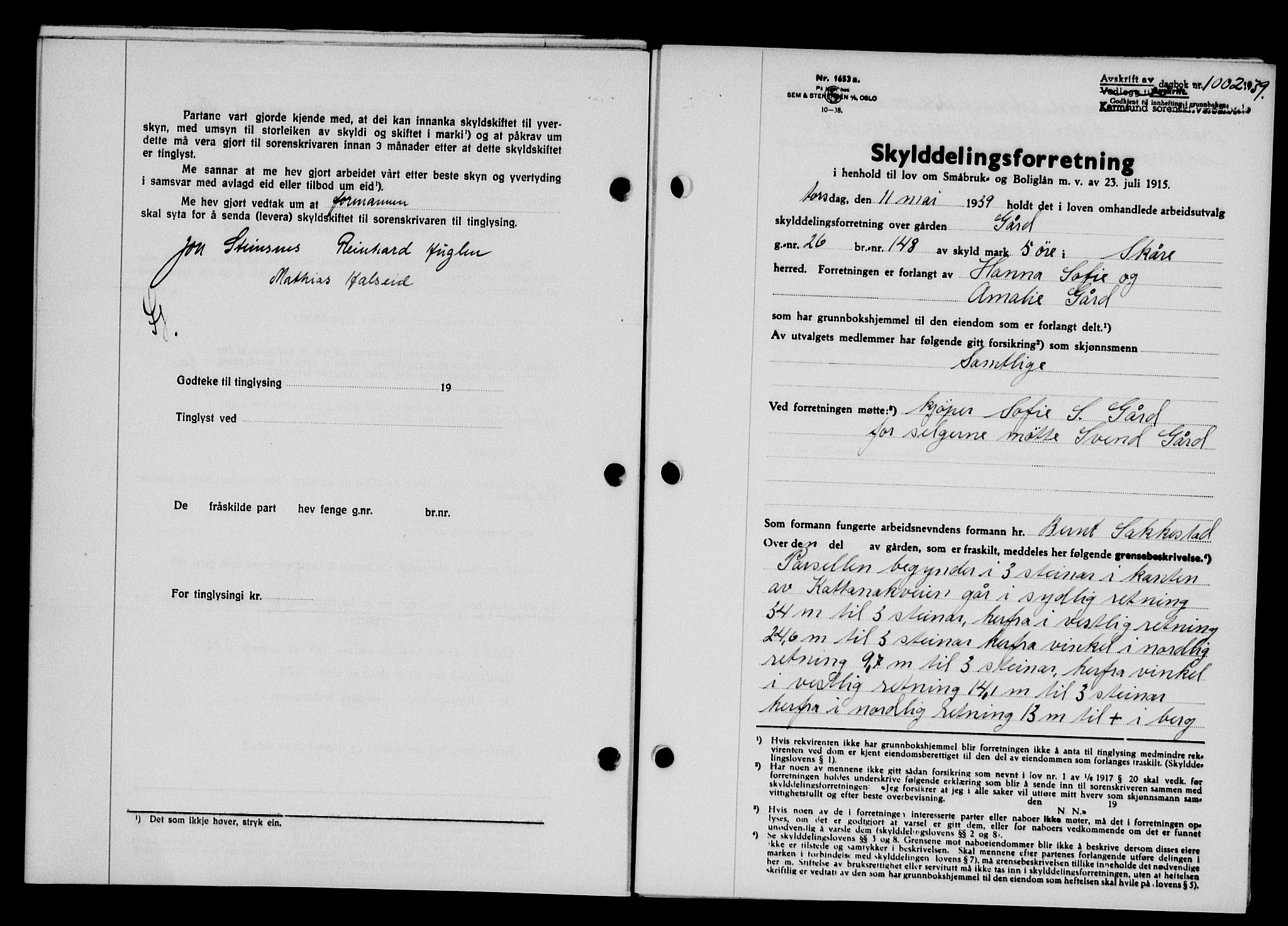 Karmsund sorenskriveri, SAST/A-100311/01/II/IIB/L0071: Pantebok nr. 52A, 1939-1939, Dagboknr: 1002/1939