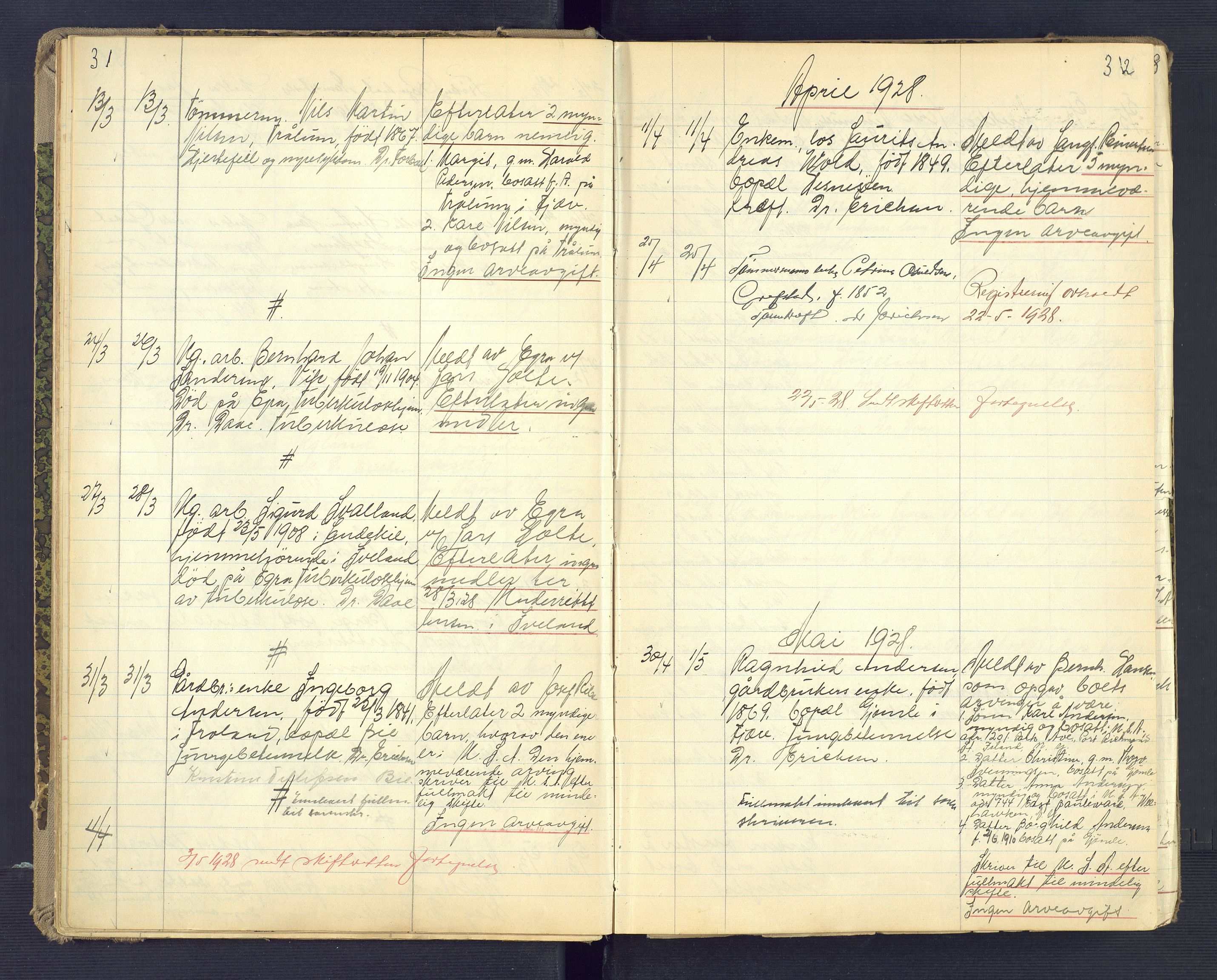 Landvik og Fjære lensmannskontor, SAK/1241-0027/F/Fe/L0003: Anmeldte dødsfall nr 32, 1926-1935, s. 31-32