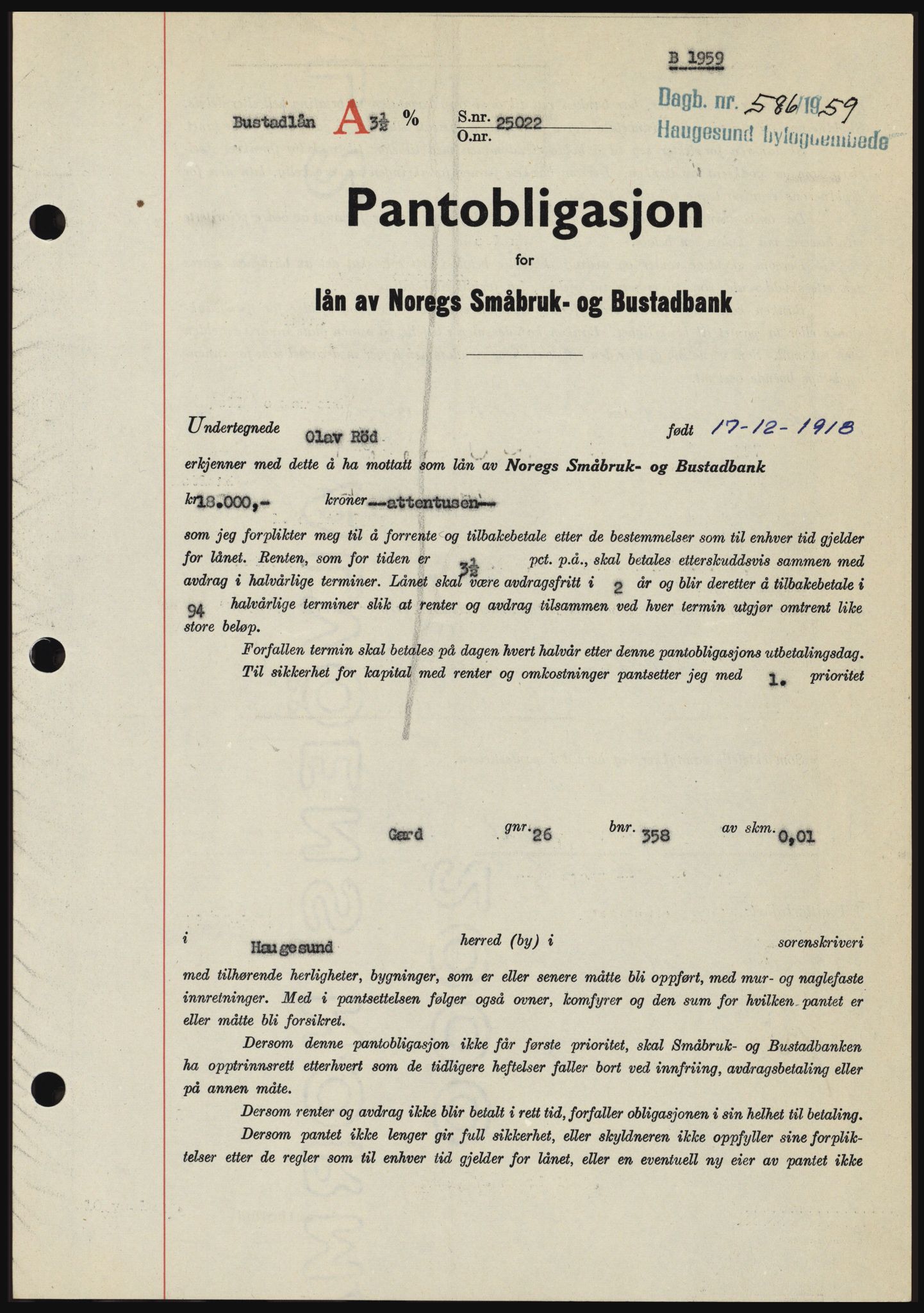 Haugesund tingrett, SAST/A-101415/01/II/IIC/L0045: Pantebok nr. B 45, 1959-1959, Dagboknr: 586/1959