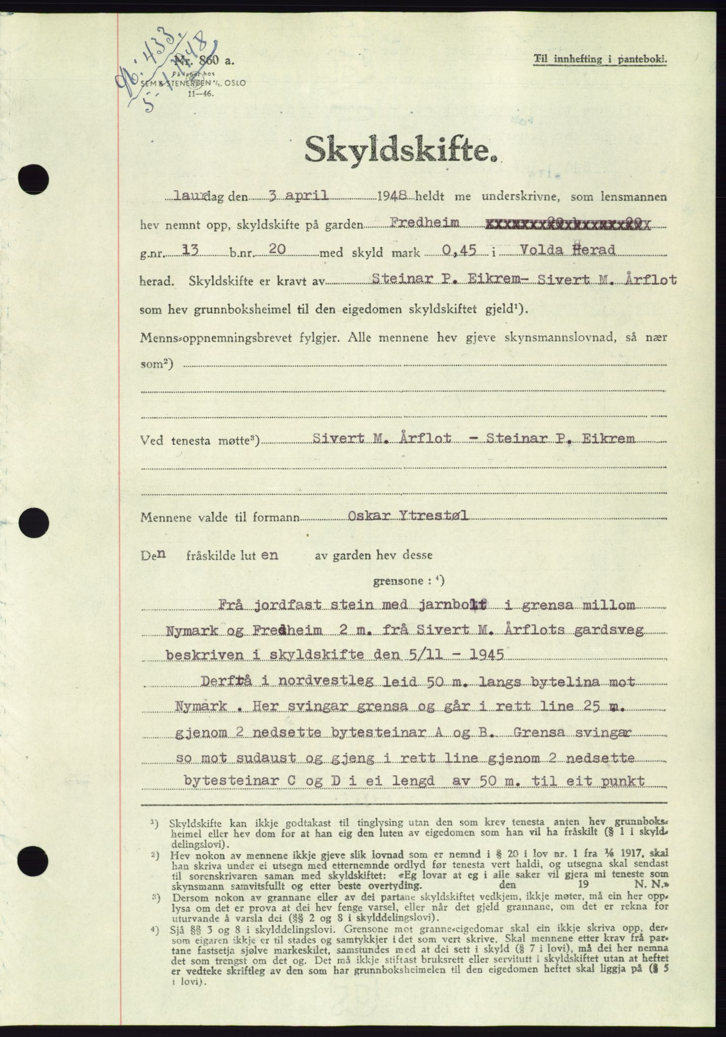 Søre Sunnmøre sorenskriveri, SAT/A-4122/1/2/2C/L0082: Pantebok nr. 8A, 1948-1948, Dagboknr: 433/1948