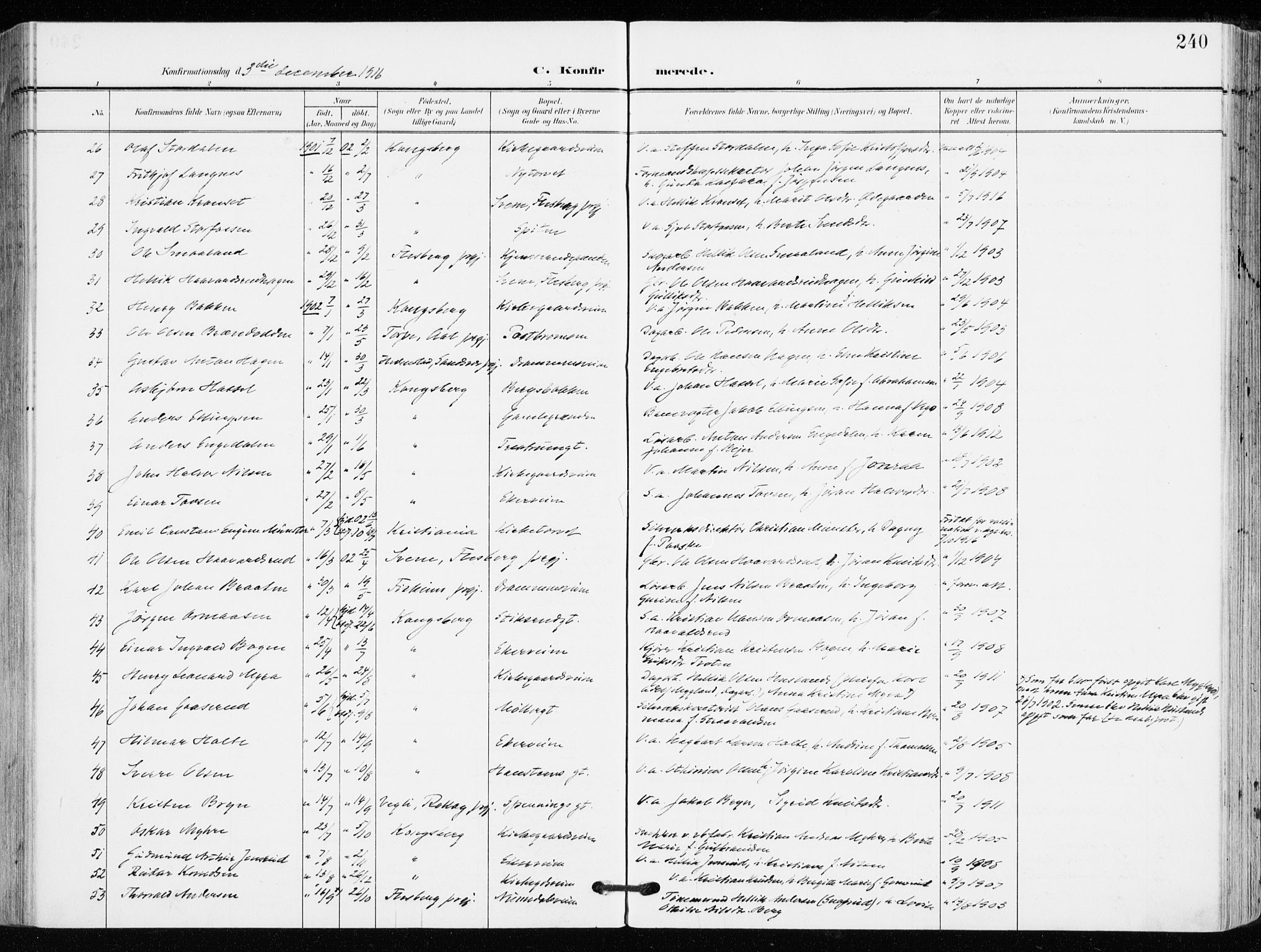 Kongsberg kirkebøker, AV/SAKO-A-22/F/Fb/L0004: Ministerialbok nr. II 4, 1906-1918, s. 240