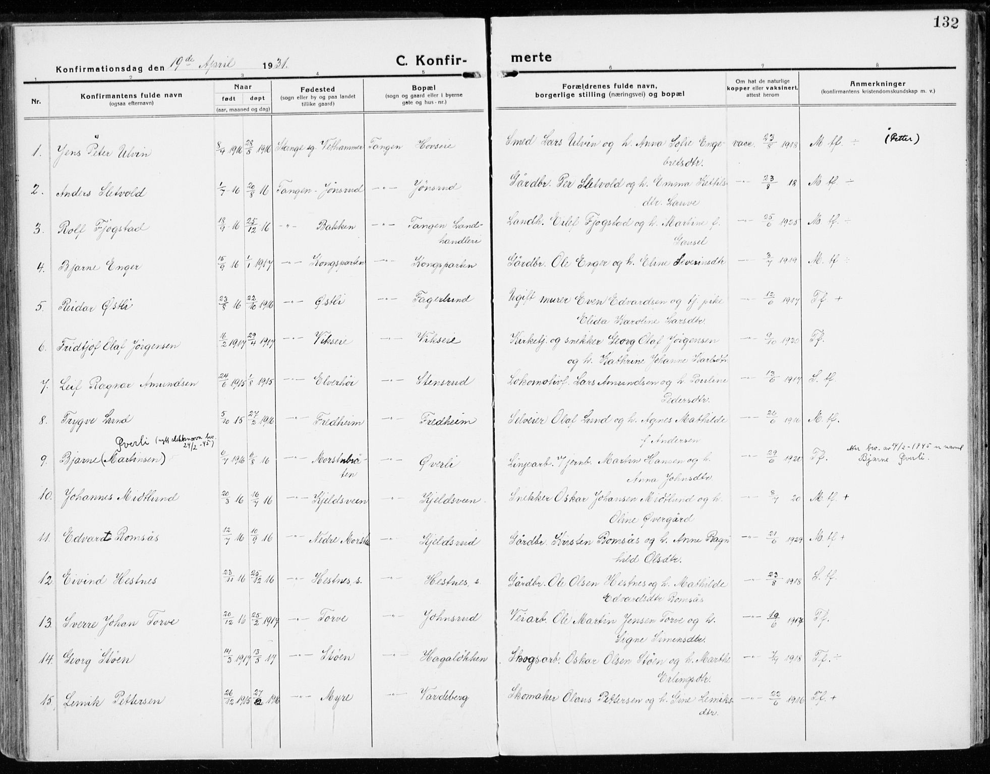 Stange prestekontor, SAH/PREST-002/K/L0025: Ministerialbok nr. 25, 1921-1945, s. 132