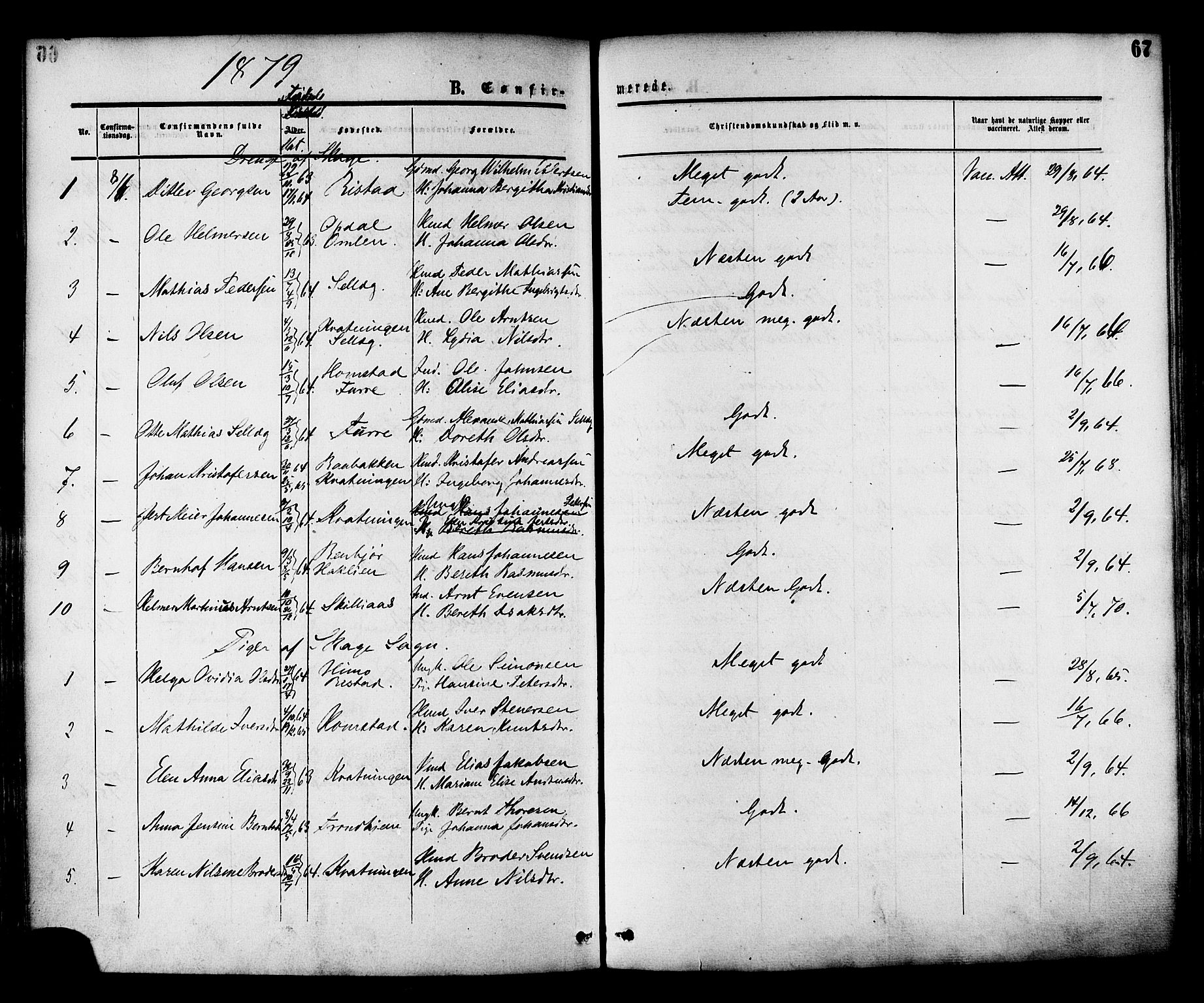 Ministerialprotokoller, klokkerbøker og fødselsregistre - Nord-Trøndelag, SAT/A-1458/764/L0553: Ministerialbok nr. 764A08, 1858-1880, s. 67