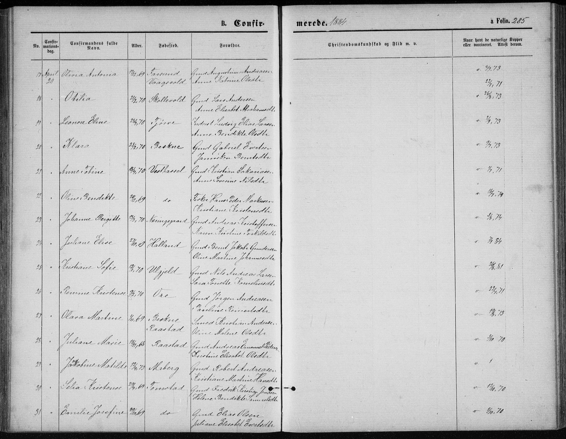 Lista sokneprestkontor, AV/SAK-1111-0027/F/Fb/L0004: Klokkerbok nr. B 4, 1877-1891, s. 285