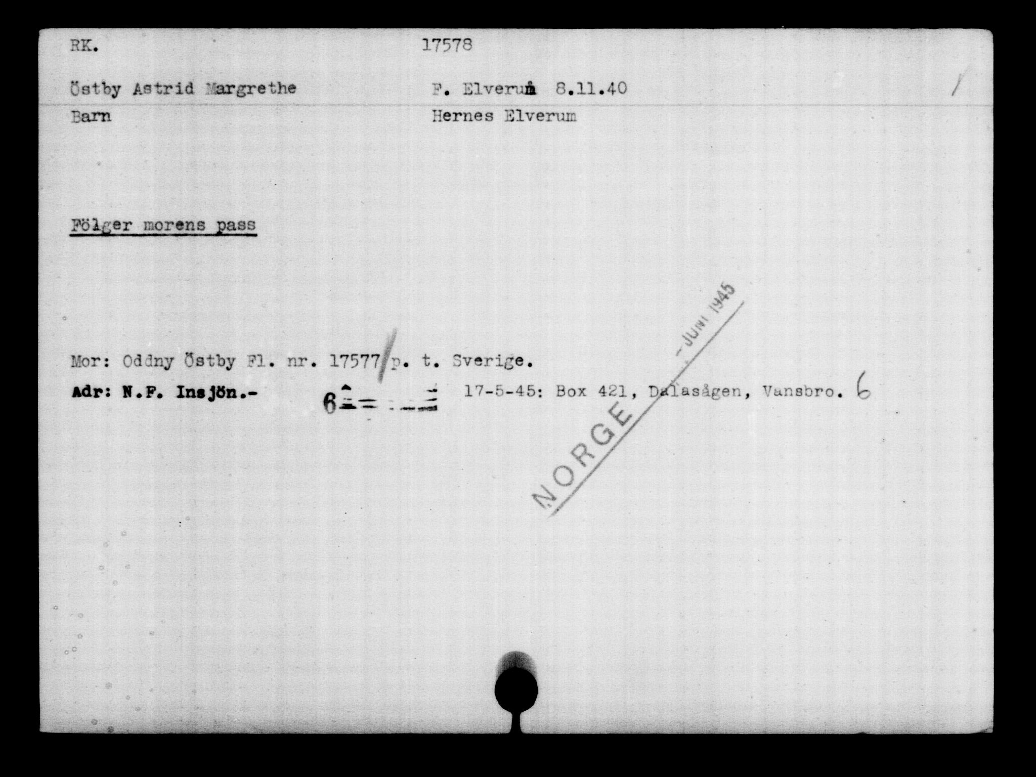 Utenriksstasjonene, Legasjonen i Stockholm, Flyktningkontoret, AV/RA-S-6753/V/Va/L0008: Kjesäterkartoteket, flyktninger med registreringsnr. 15700-18547, 1940-1945, s. 2076