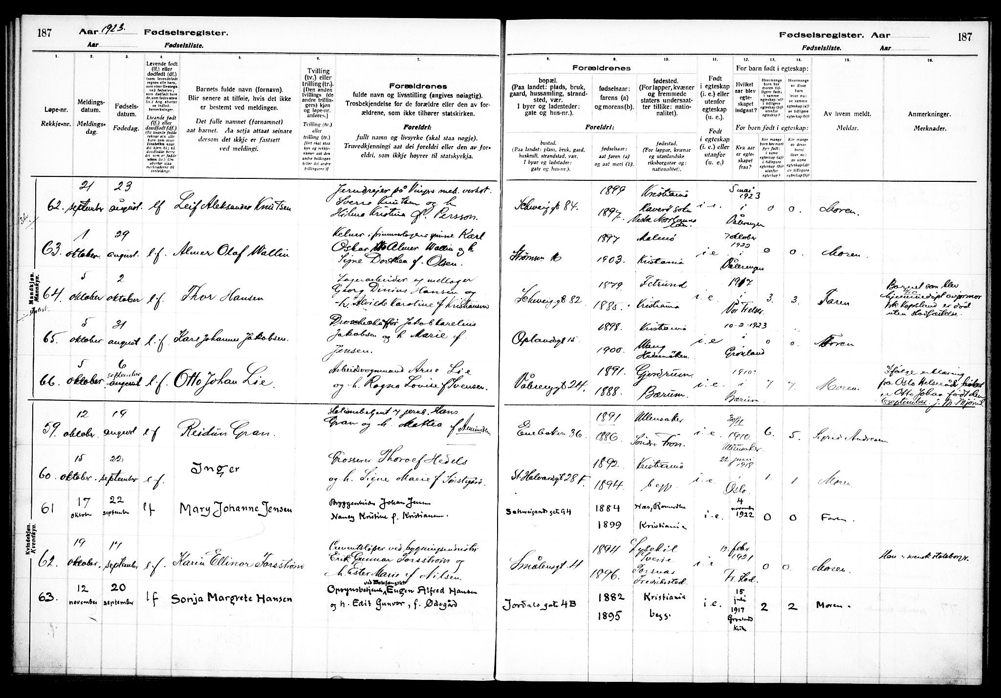 Vålerengen prestekontor Kirkebøker, AV/SAO-A-10878/J/Ja/L0001: Fødselsregister nr. 1, 1916-1924, s. 187