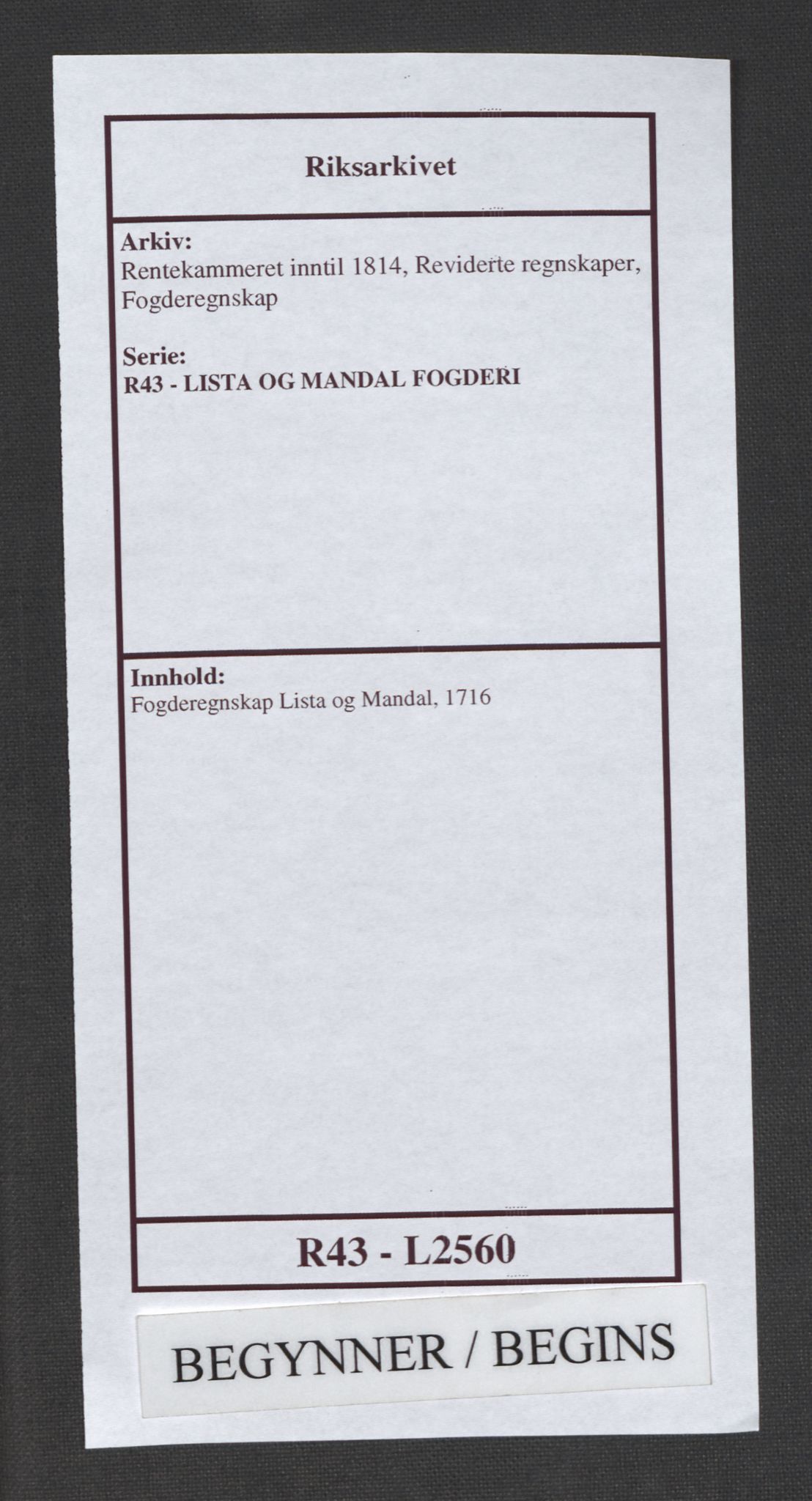 Rentekammeret inntil 1814, Reviderte regnskaper, Fogderegnskap, AV/RA-EA-4092/R43/L2560: Fogderegnskap Lista og Mandal, 1716, s. 1