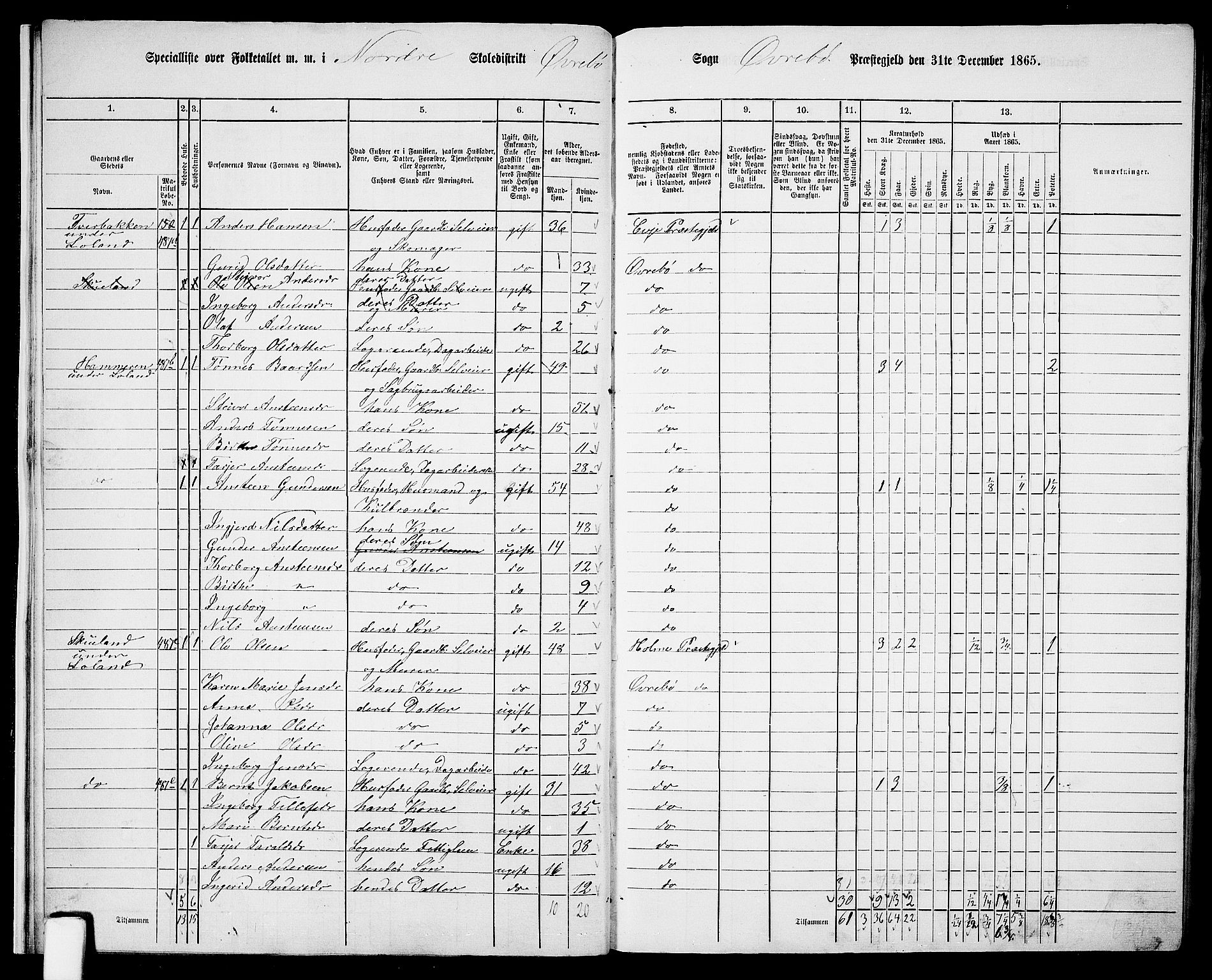 RA, Folketelling 1865 for 1016P Øvrebø prestegjeld, 1865, s. 15