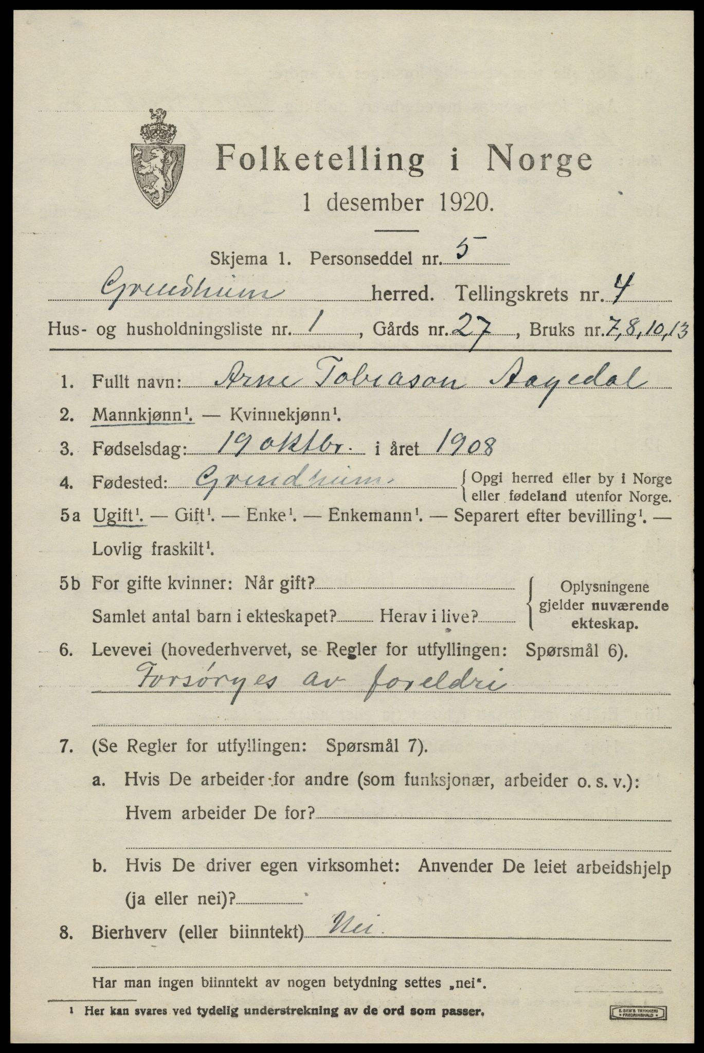 SAK, Folketelling 1920 for 1025 Grindheim herred, 1920, s. 1413