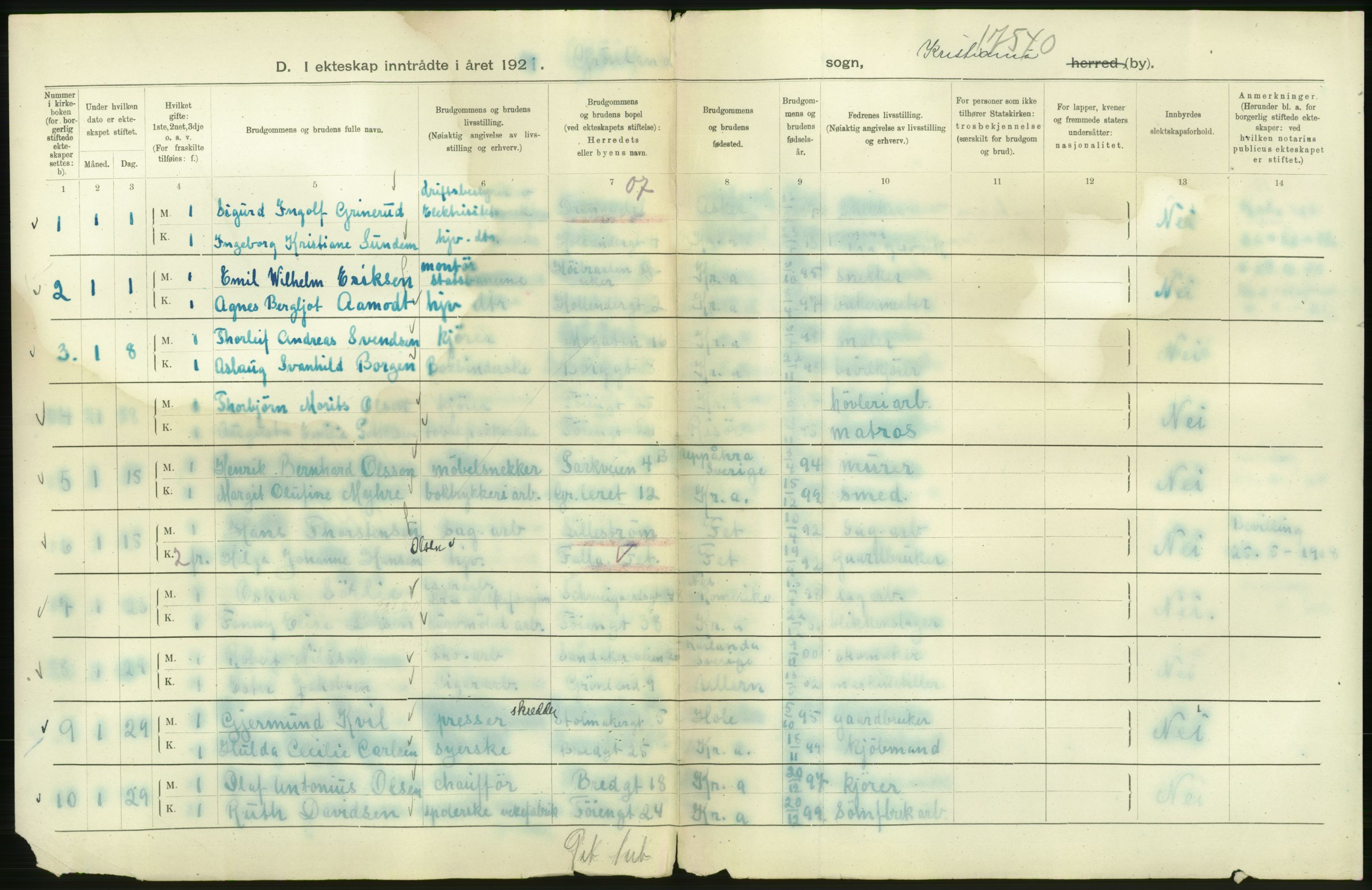 Statistisk sentralbyrå, Sosiodemografiske emner, Befolkning, AV/RA-S-2228/D/Df/Dfc/Dfca/L0011: Kristiania: Gifte, 1921, s. 662